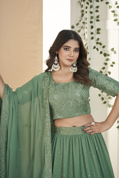 Green Georgette Ruffle Lehenga Choli 9 Meter Flair For Indian Festivals & Weddings - Sequence Embroidery Work, Thread Embroidery Work,