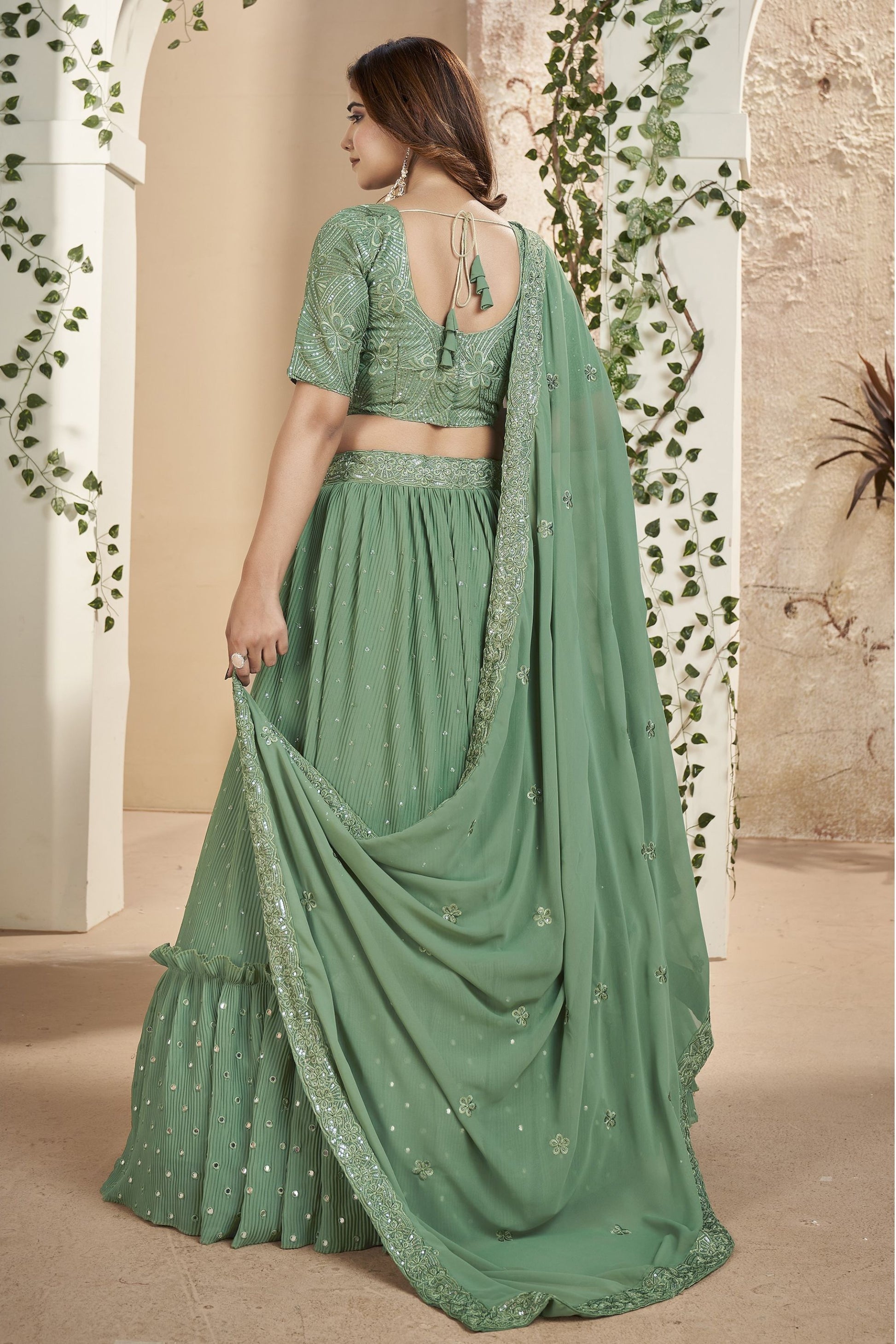 Green Georgette Ruffle Lehenga Choli 9 Meter Flair For Indian Festivals & Weddings - Sequence Embroidery Work, Thread Embroidery Work,