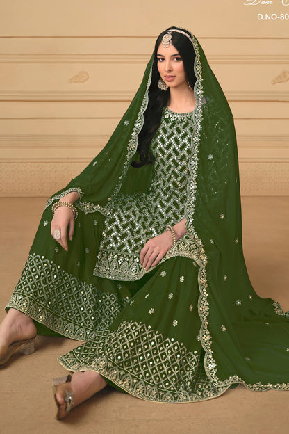 Green Georgette Sharara Suit Dress For Indian Festivals & Weddings - Embroidery Work