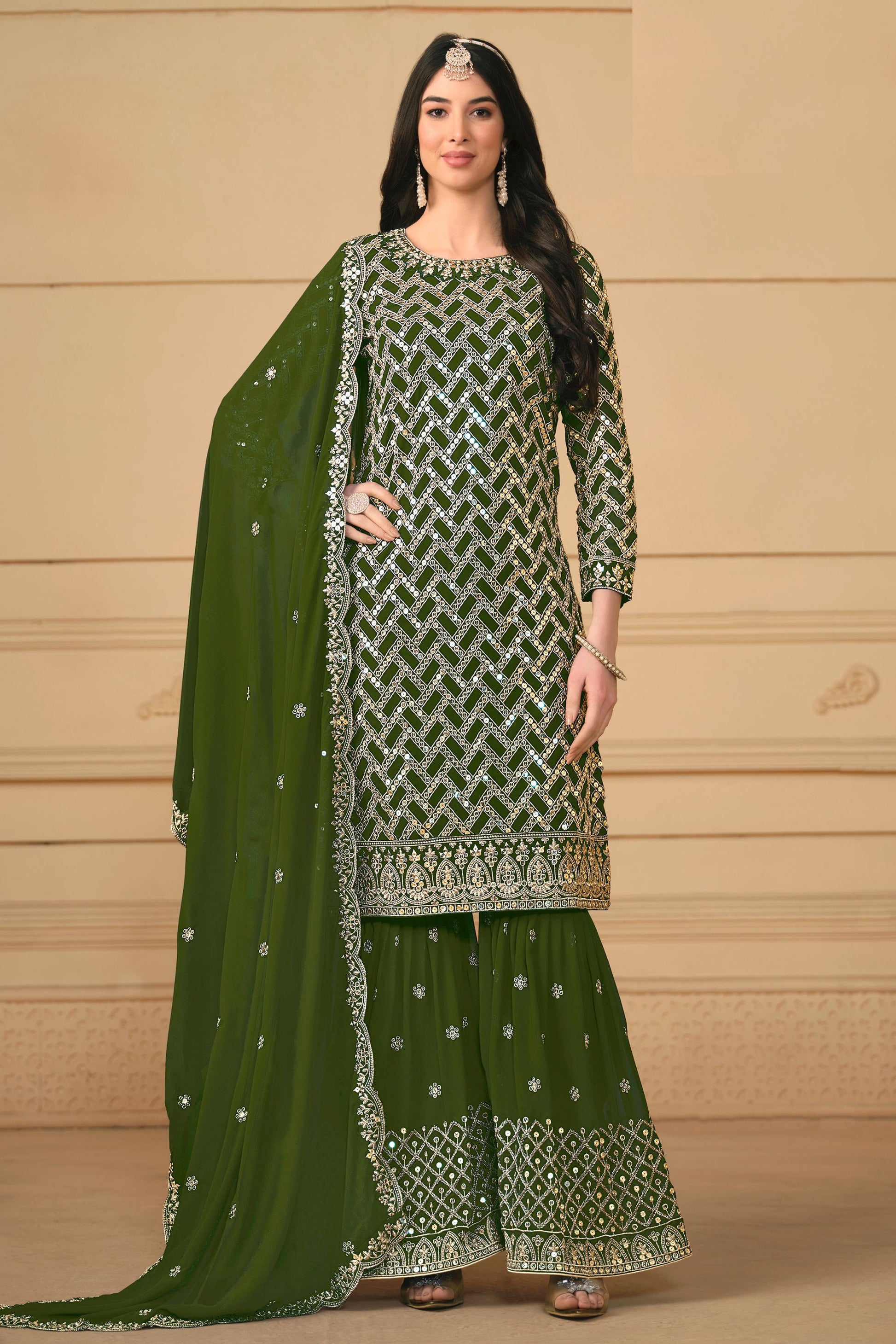 Green Georgette Sharara Suit Dress For Indian Festivals & Weddings - Embroidery Work