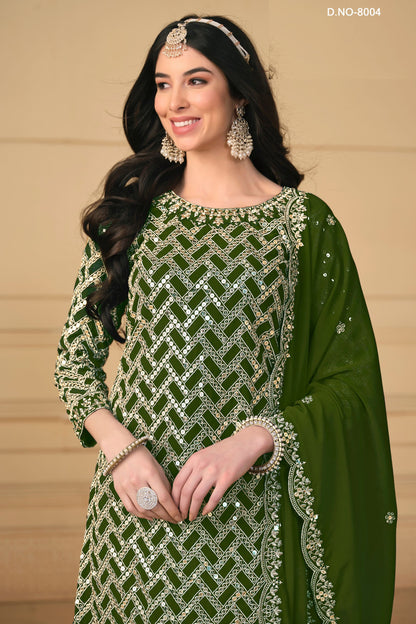 Green Georgette Sharara Suit Dress For Indian Festivals & Weddings - Embroidery Work