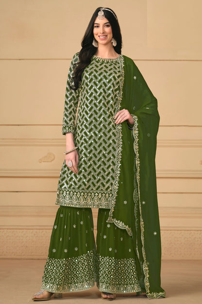 Green Georgette Sharara Suit Dress For Indian Festivals & Weddings - Embroidery Work