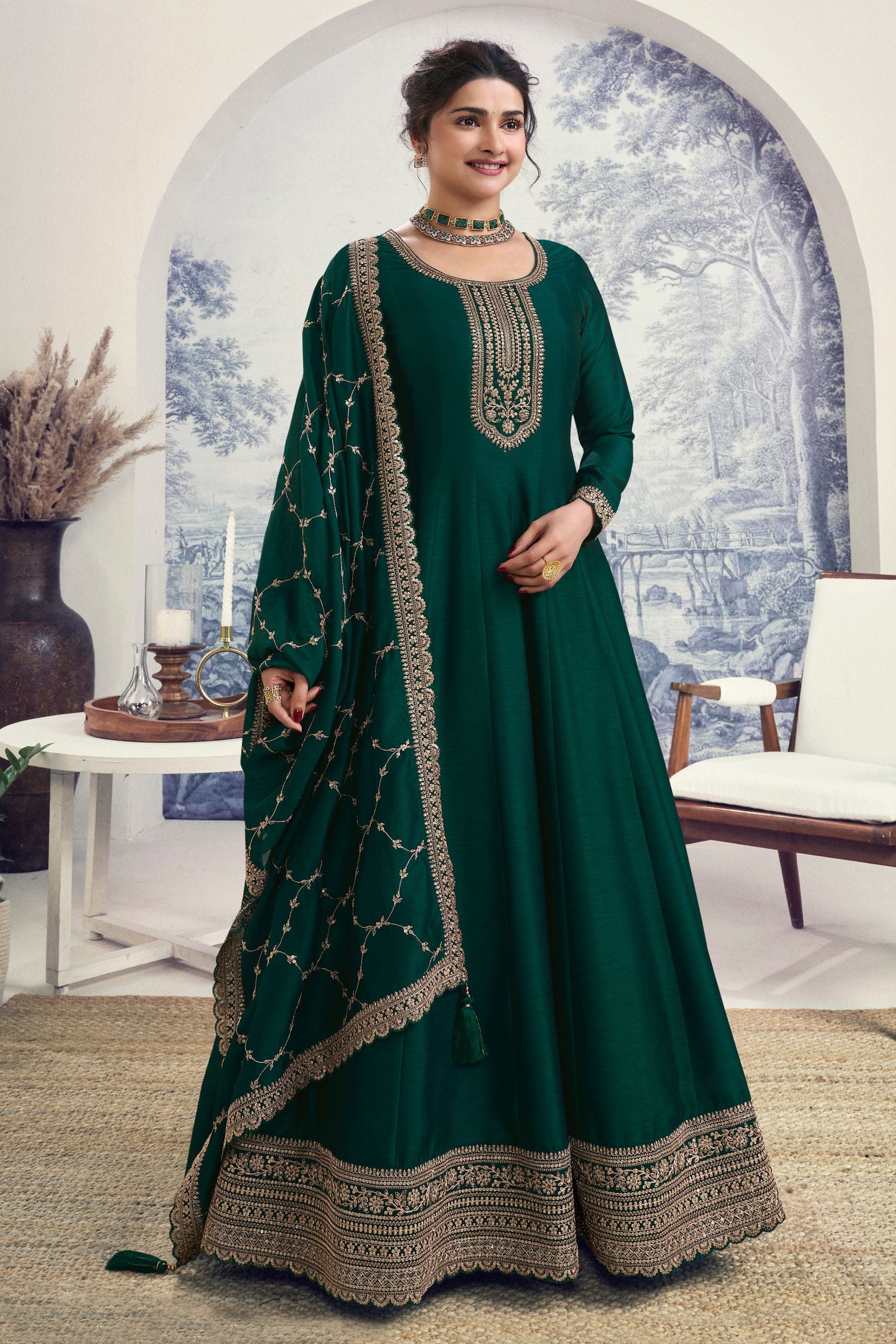 Ajay Green Georgette Silk Floor Length Long Anarkali Suit for Indian Festivals Pakistani Weddings Dress Embroidery Work Green XXS 32