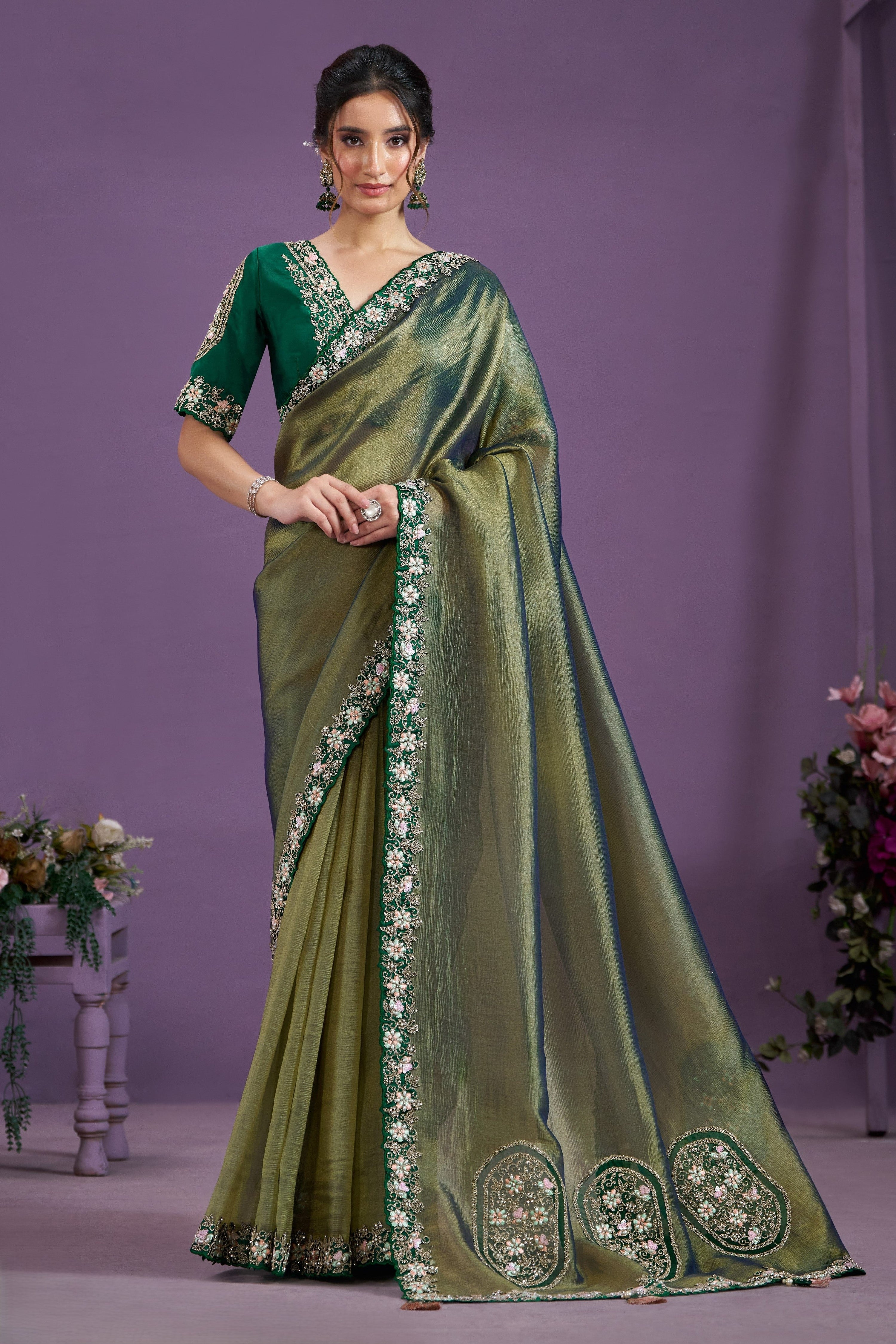 Green Glass Tissue Silk Saree With Stitched Blouse For Indian & Pakistani Wedding Festival - Sequence Embroidery Work, Patch Work