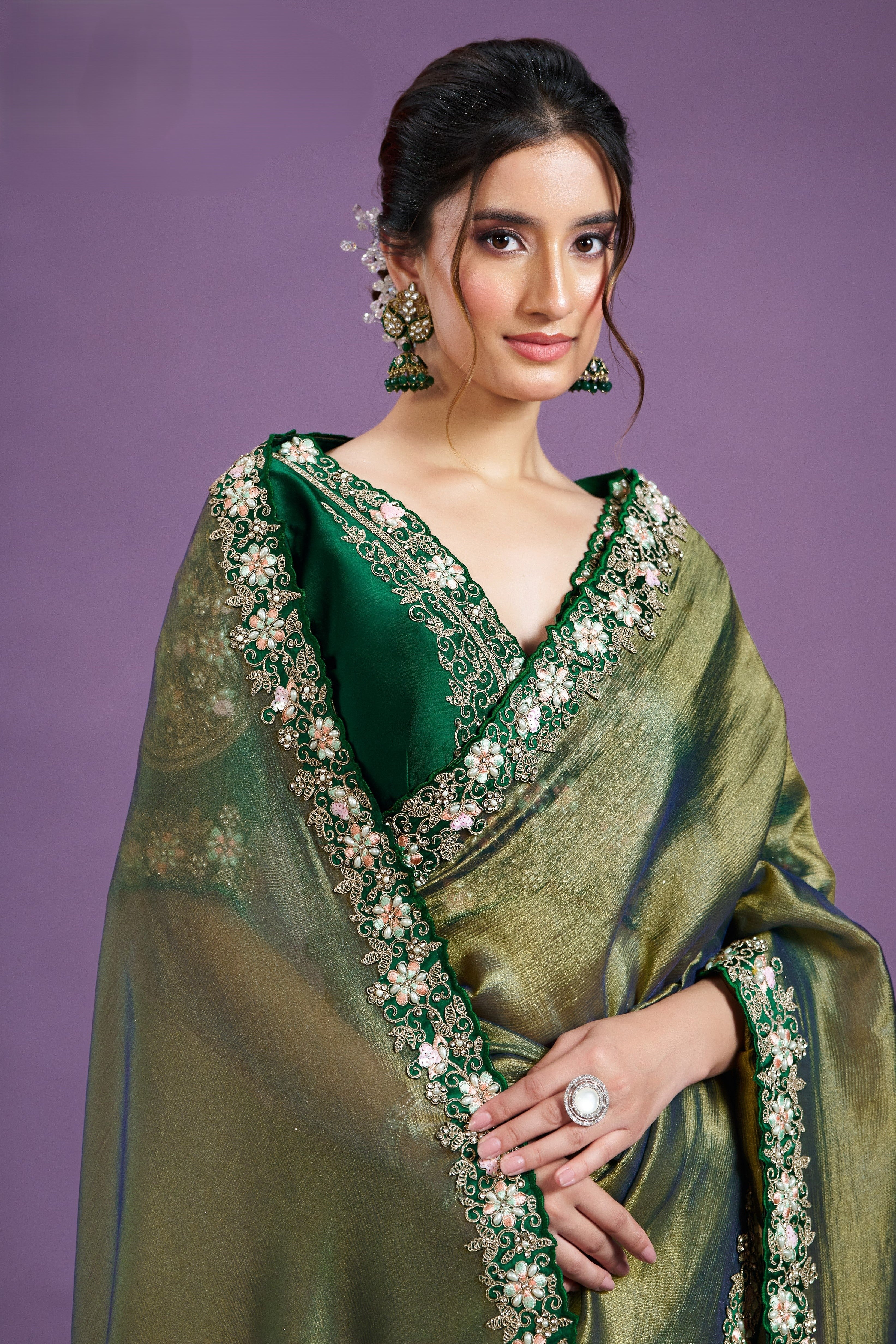 Green Glass Tissue Silk Saree With Stitched Blouse For Indian & Pakistani Wedding Festival - Sequence Embroidery Work, Patch Work