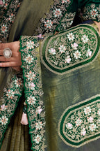 Green Glass Tissue Silk Saree With Stitched Blouse For Indian & Pakistani Wedding Festival - Sequence Embroidery Work, Patch Work