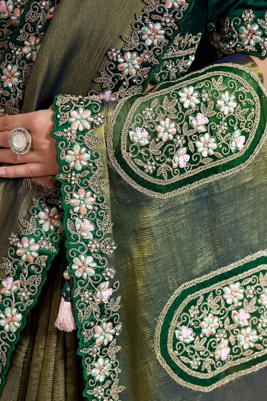 Green Glass Tissue Silk Saree With Stitched Blouse For Indian & Pakistani Wedding Festival - Sequence Embroidery Work, Patch Work