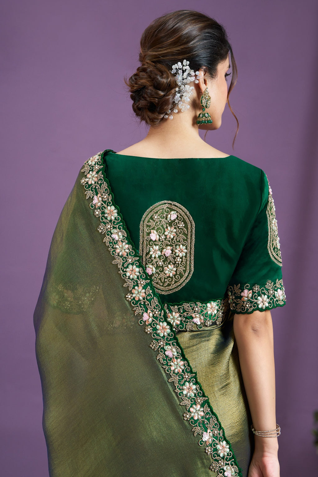 Green Glass Tissue Silk Saree With Stitched Blouse For Indian & Pakistani Wedding Festival - Sequence Embroidery Work, Patch Work