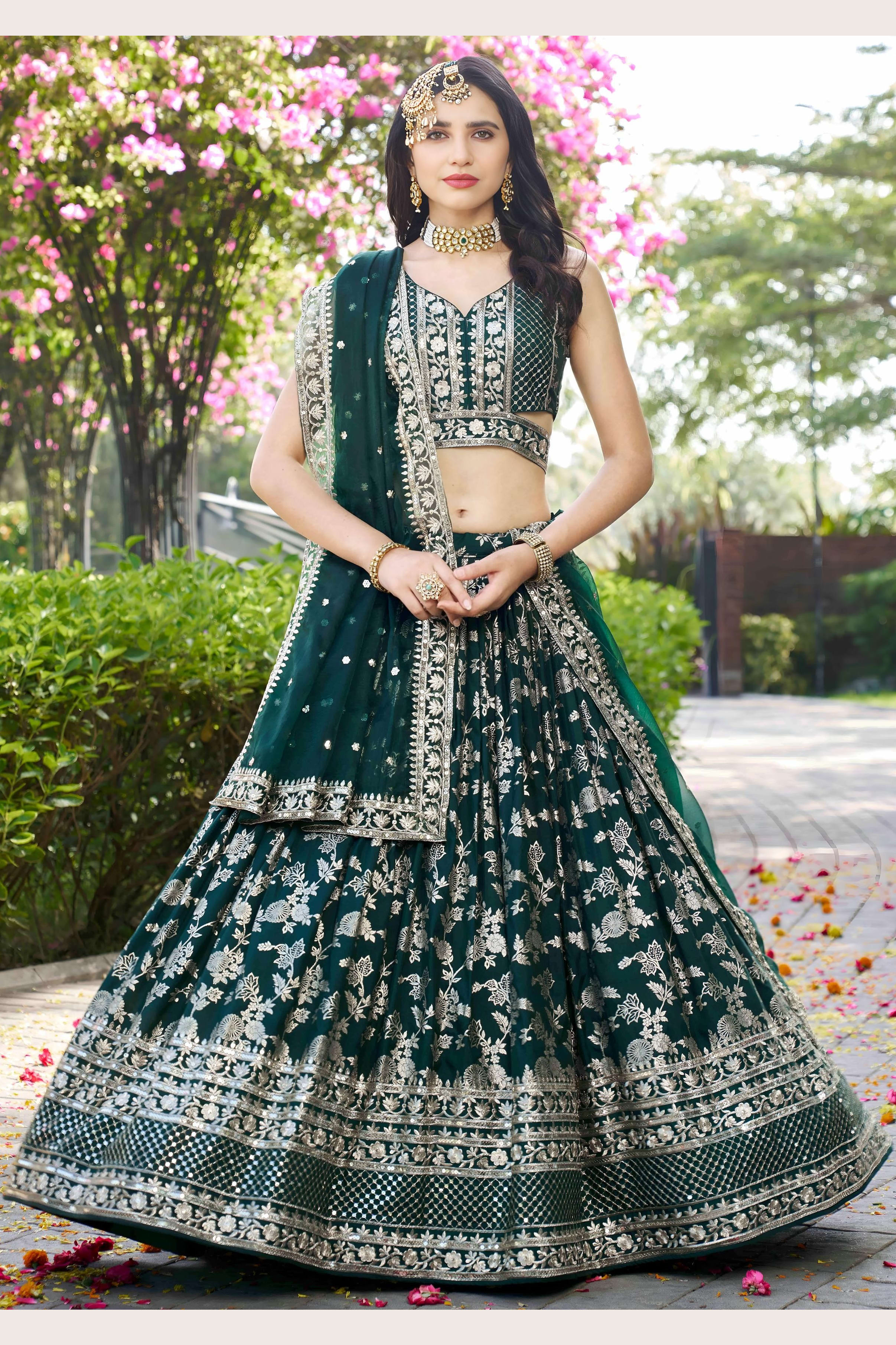 Green Jacquard Silk Lehenga Choli For Indian & Pakistani Wedding Festival - Sequence Embroidery Work, Zari Work