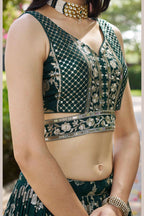 Green Jacquard Silk Lehenga Choli For Indian & Pakistani Wedding Festival - Sequence Embroidery Work, Zari Work