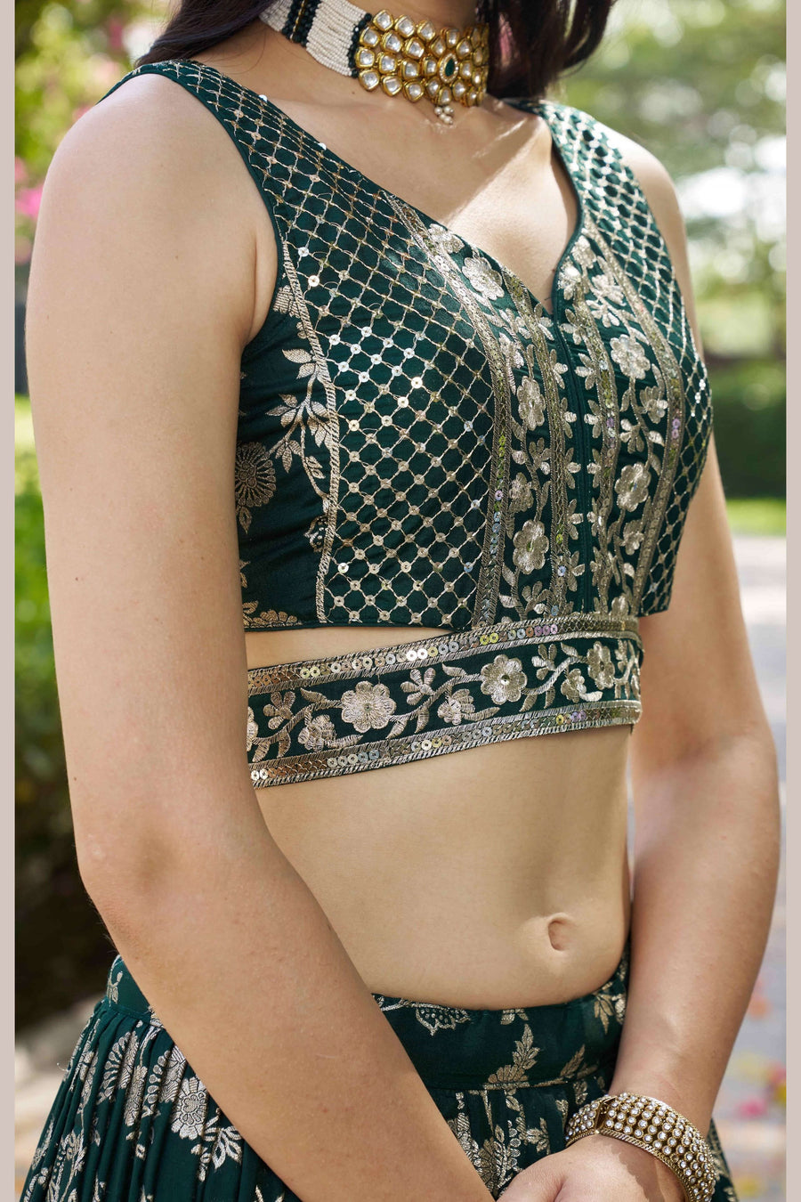 Green Jacquard Silk Lehenga Choli For Indian & Pakistani Wedding Festival - Sequence Embroidery Work, Zari Work