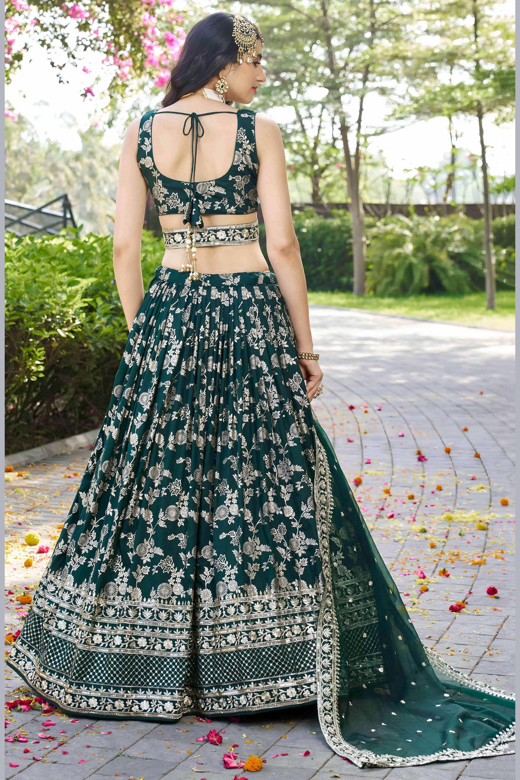 Green Jacquard Silk Lehenga Choli For Indian & Pakistani Wedding Festival - Sequence Embroidery Work, Zari Work