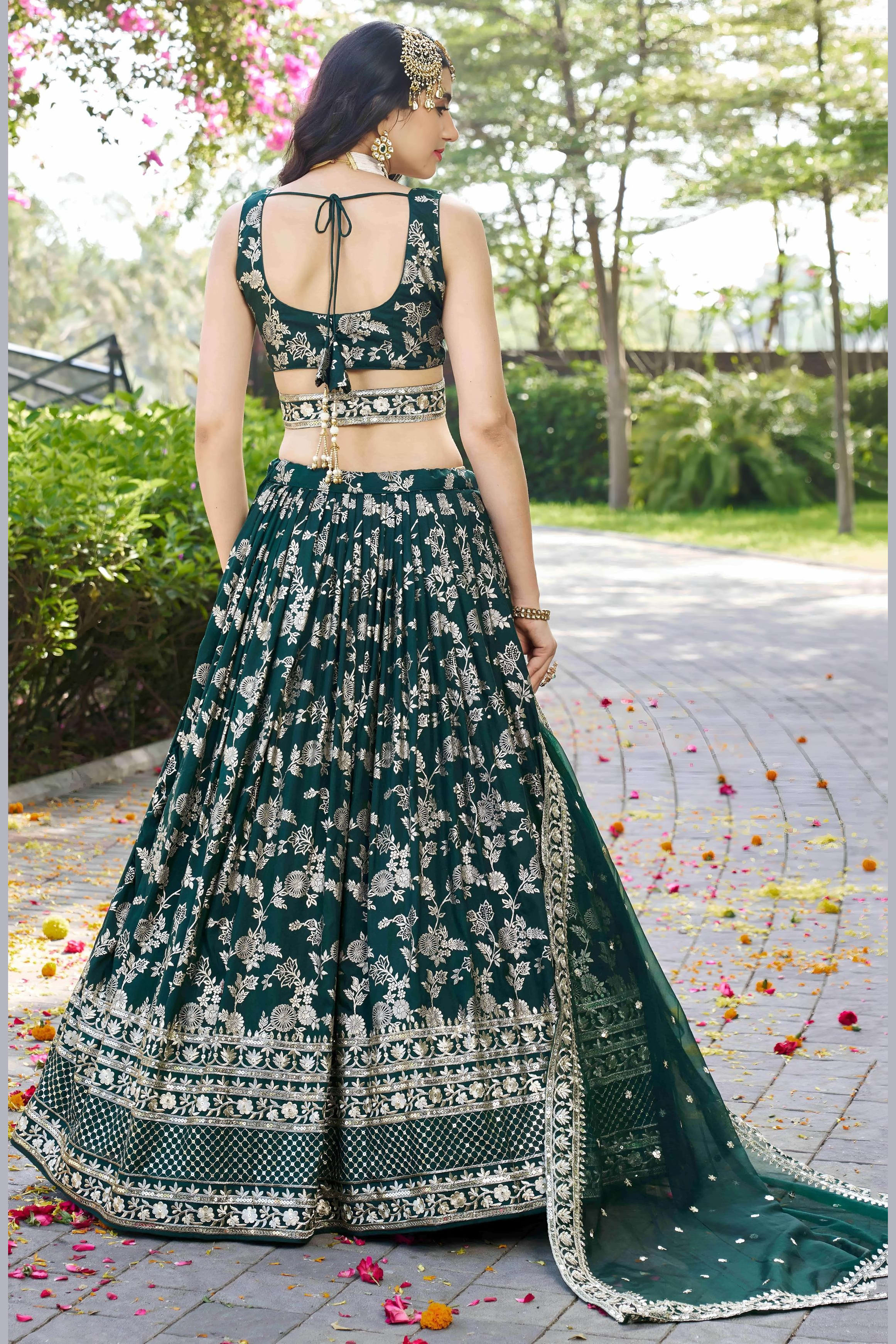 Green Jacquard Silk Lehenga Choli For Indian & Pakistani Wedding Festival - Sequence Embroidery Work, Zari Work
