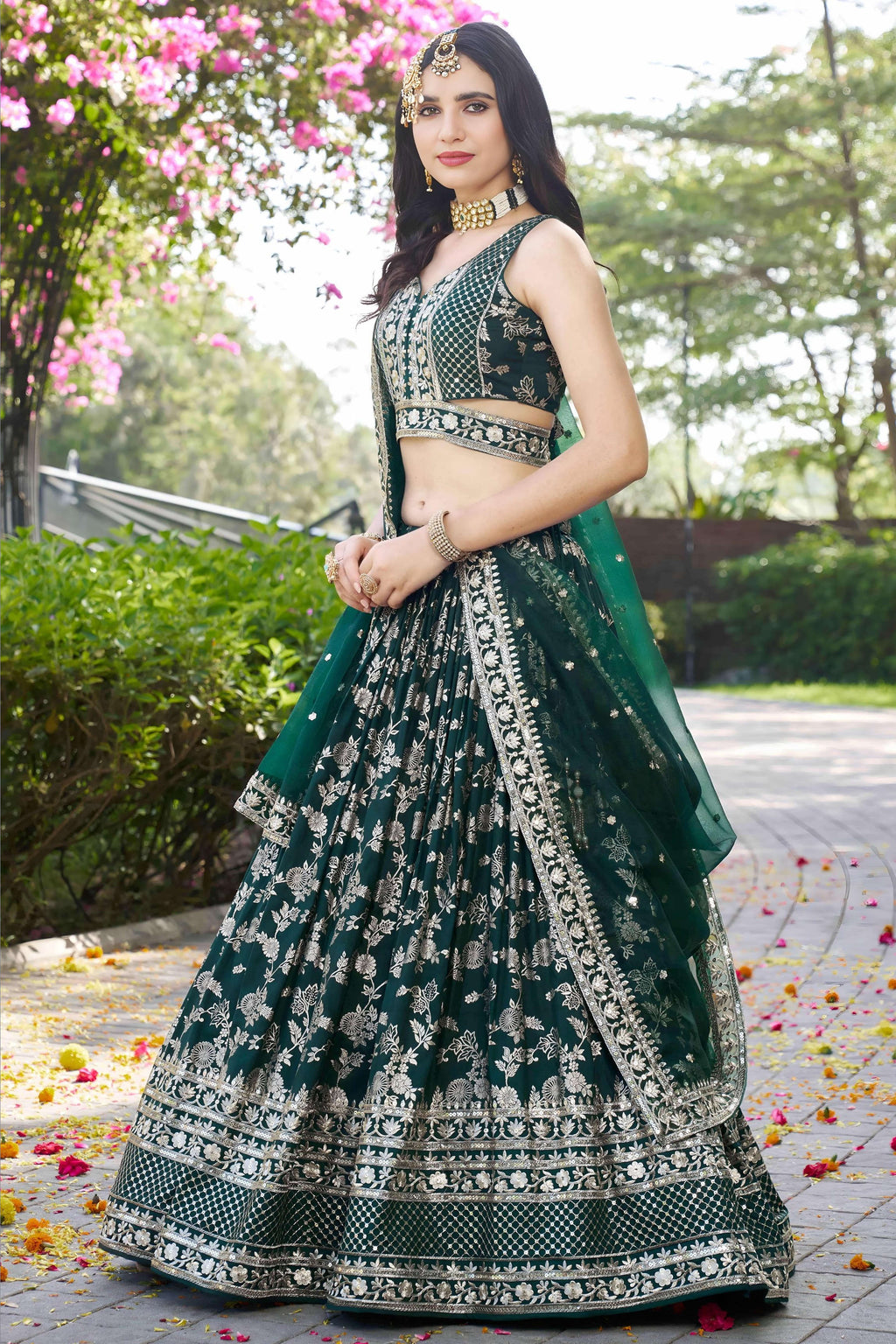 Green Jacquard Silk Lehenga Choli For Indian & Pakistani Wedding Festival - Sequence Embroidery Work, Zari Work