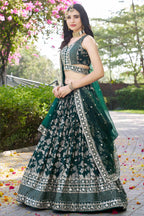 Green Jacquard Silk Lehenga Choli For Indian & Pakistani Wedding Festival - Sequence Embroidery Work, Zari Work