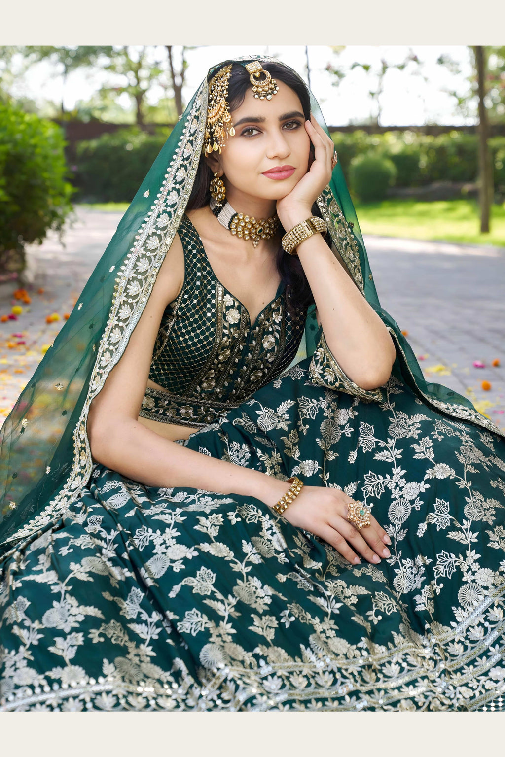 Green Jacquard Silk Lehenga Choli For Indian & Pakistani Wedding Festival - Sequence Embroidery Work, Zari Work