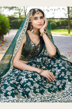 Green Jacquard Silk Lehenga Choli For Indian & Pakistani Wedding Festival - Sequence Embroidery Work, Zari Work
