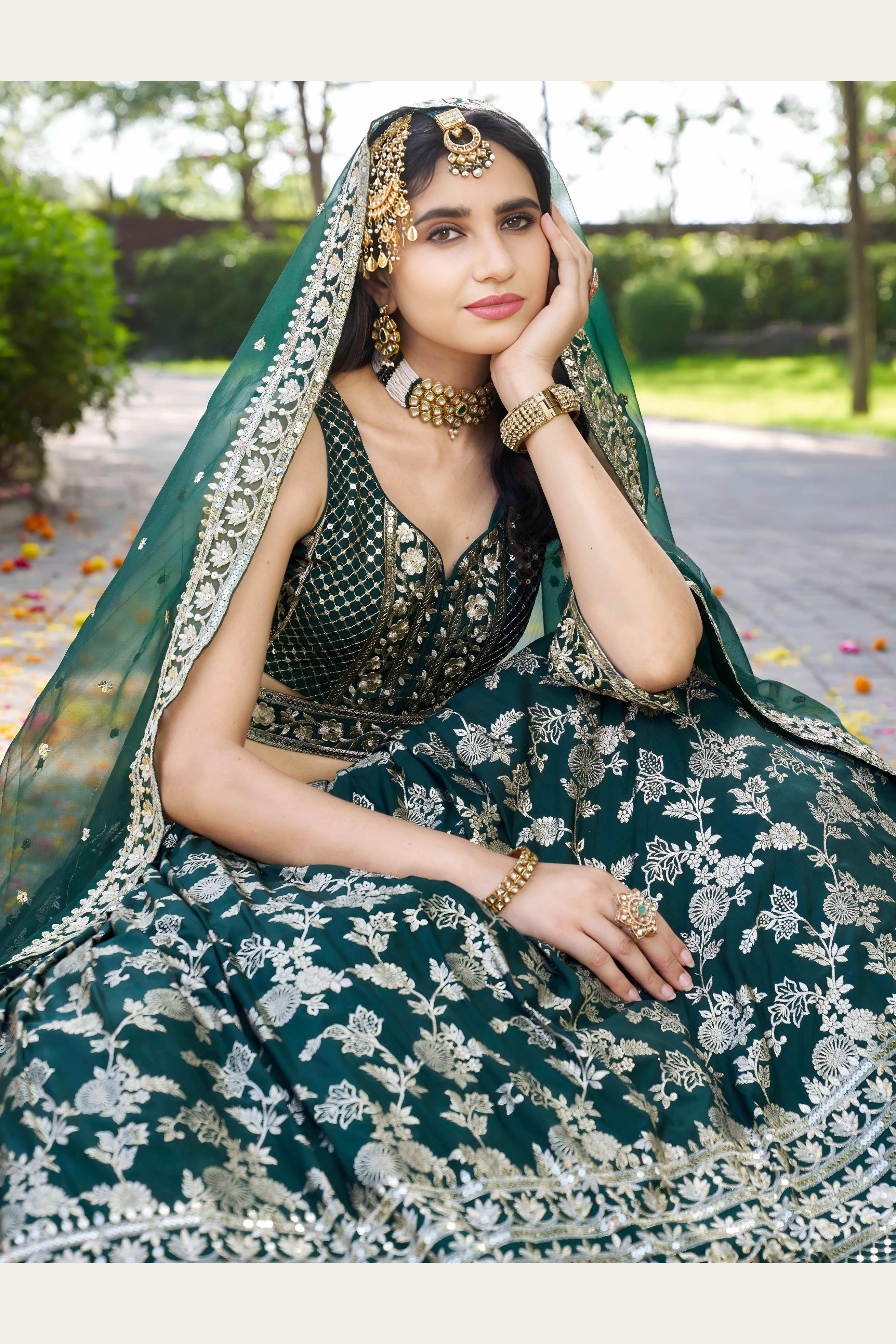 Green Jacquard Silk Lehenga Choli For Indian & Pakistani Wedding Festival - Sequence Embroidery Work, Zari Work