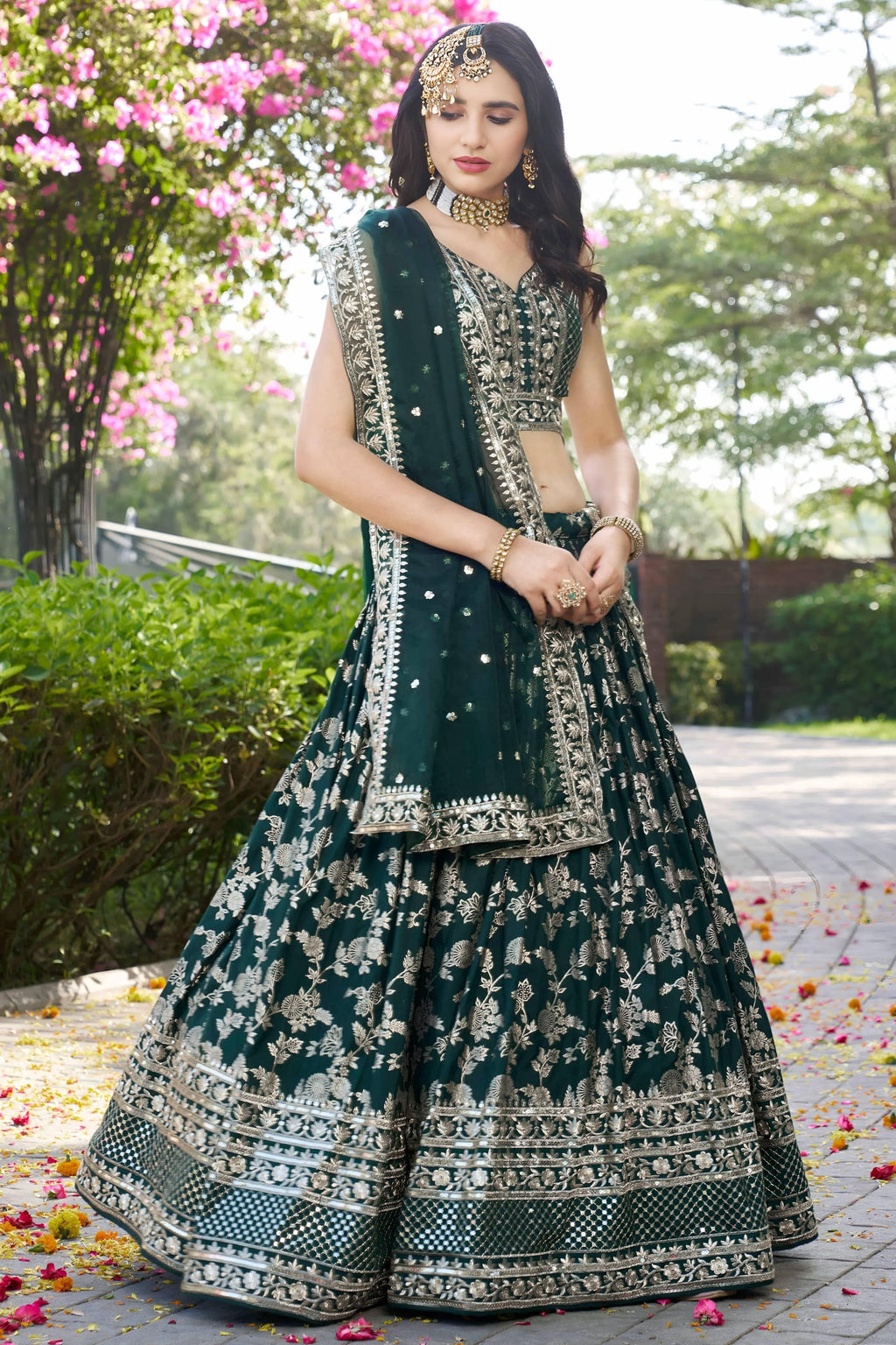 Green Jacquard Silk Lehenga Choli For Indian & Pakistani Wedding Festival - Sequence Embroidery Work, Zari Work