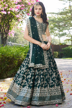 Green Jacquard Silk Lehenga Choli For Indian & Pakistani Wedding Festival - Sequence Embroidery Work, Zari Work