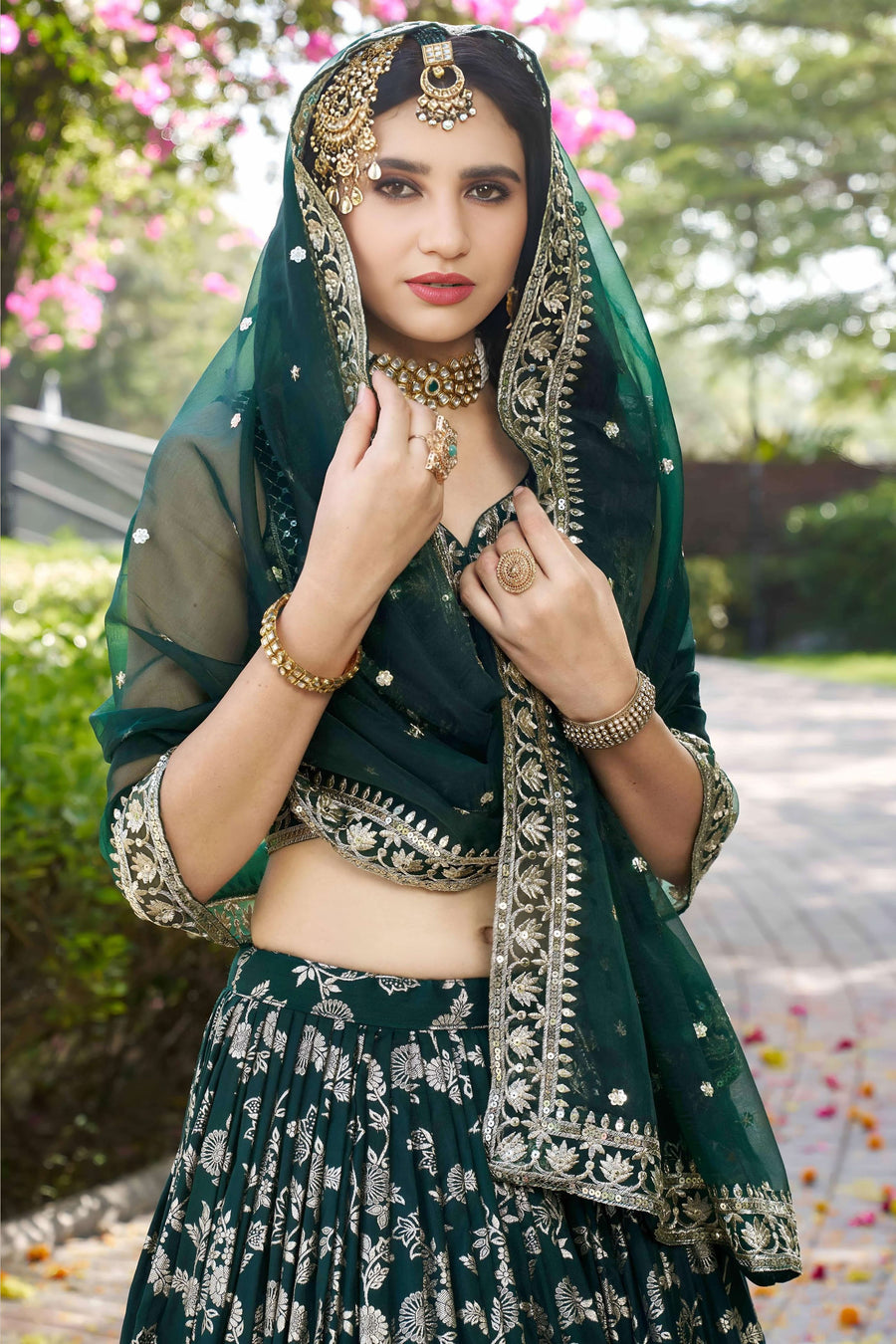 Green Jacquard Silk Lehenga Choli For Indian & Pakistani Wedding Festival - Sequence Embroidery Work, Zari Work