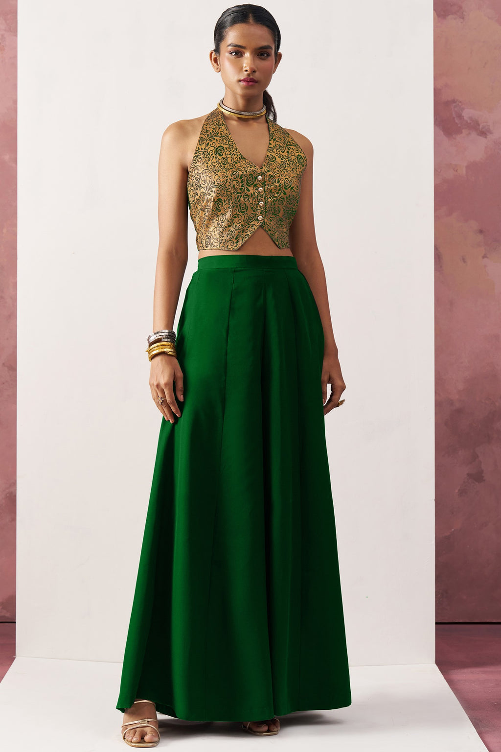 Green Jacquard Waistcoat with Plazo For Indian Weddings & Pakistani Festival