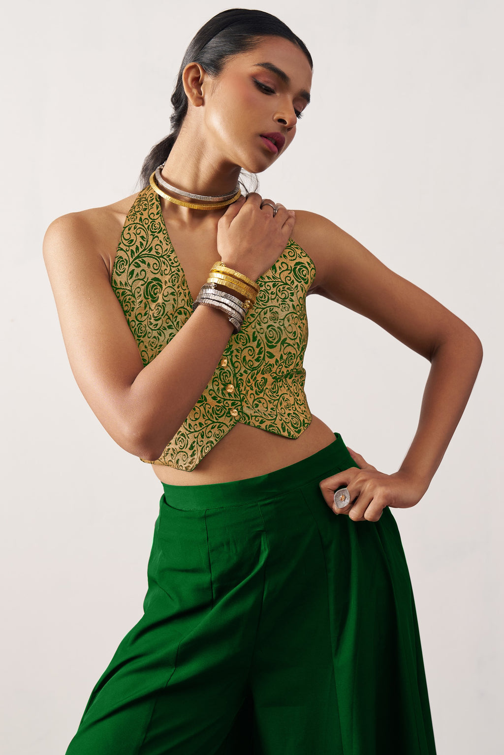 Green Jacquard Waistcoat with Plazo For Indian Weddings & Pakistani Festival