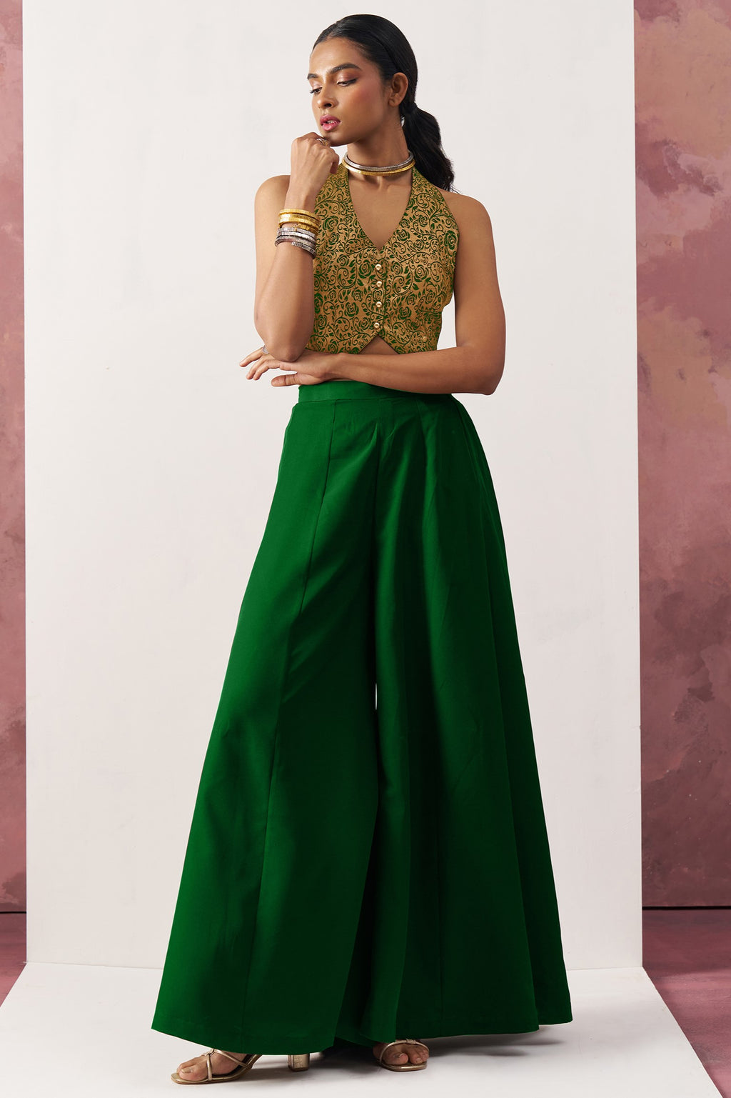 Green Jacquard Waistcoat with Plazo For Indian Weddings & Pakistani Festival