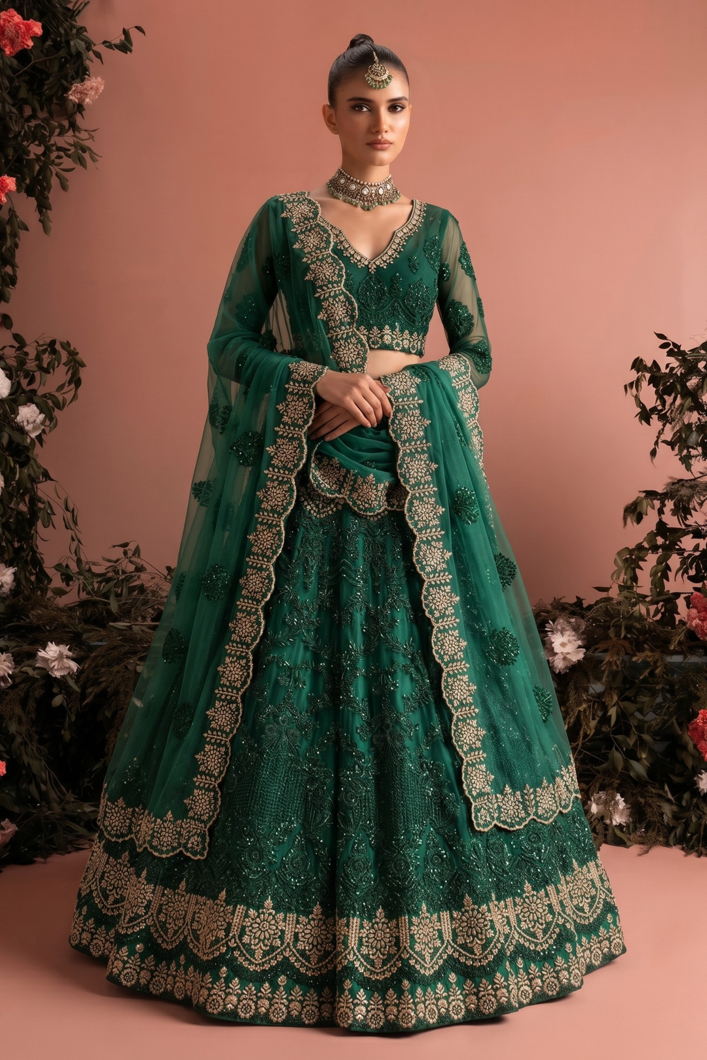 Green Net Long Sleeves Lehenga Choli for Wedding Guest with Sequins Embroidery