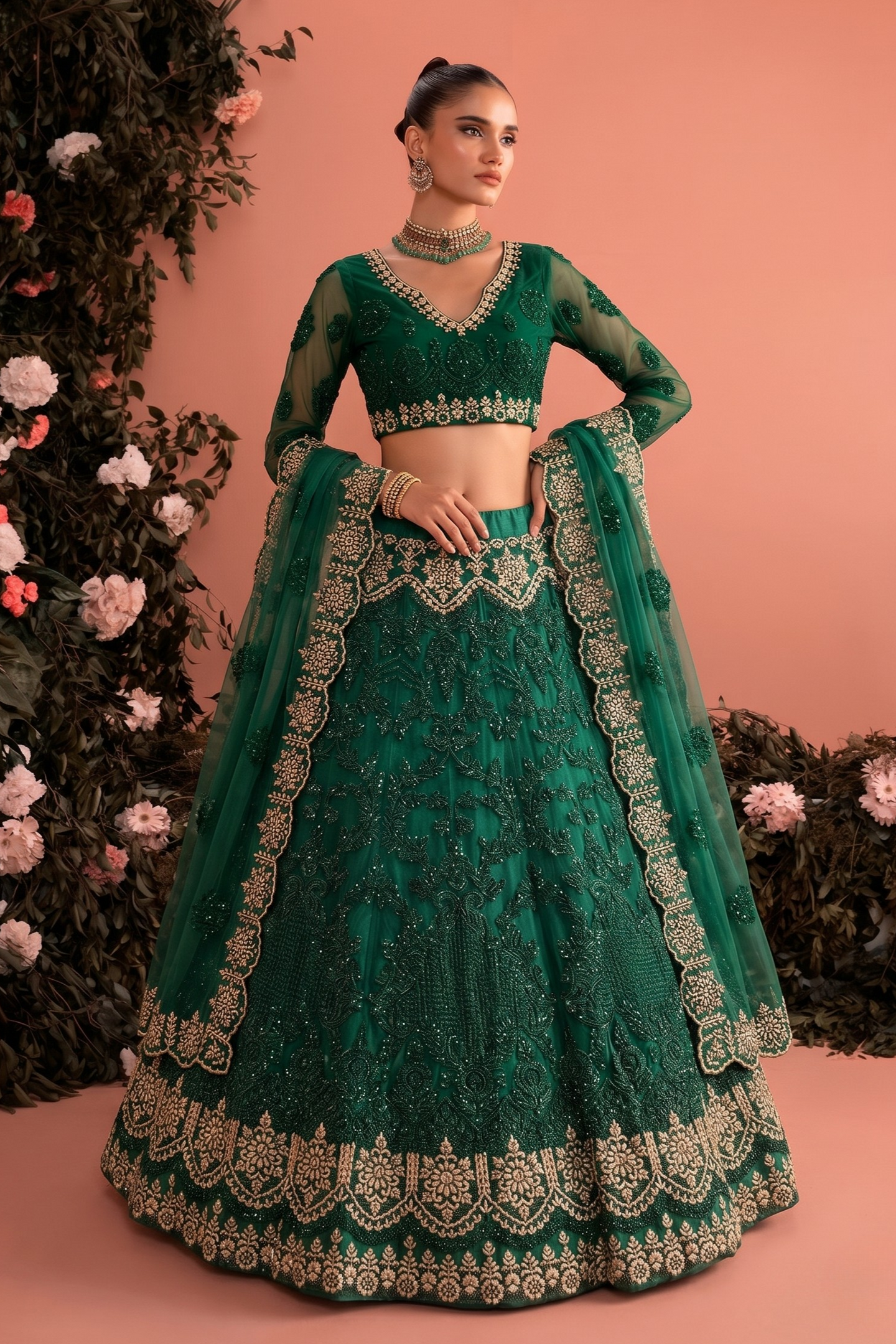 Green Net Long Sleeves Lehenga Choli for Wedding Guest with Sequins Embroidery