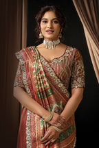 Green Maroon Satin Saree For Wedding Guest - Sequins, Pearl & Jacquard Work