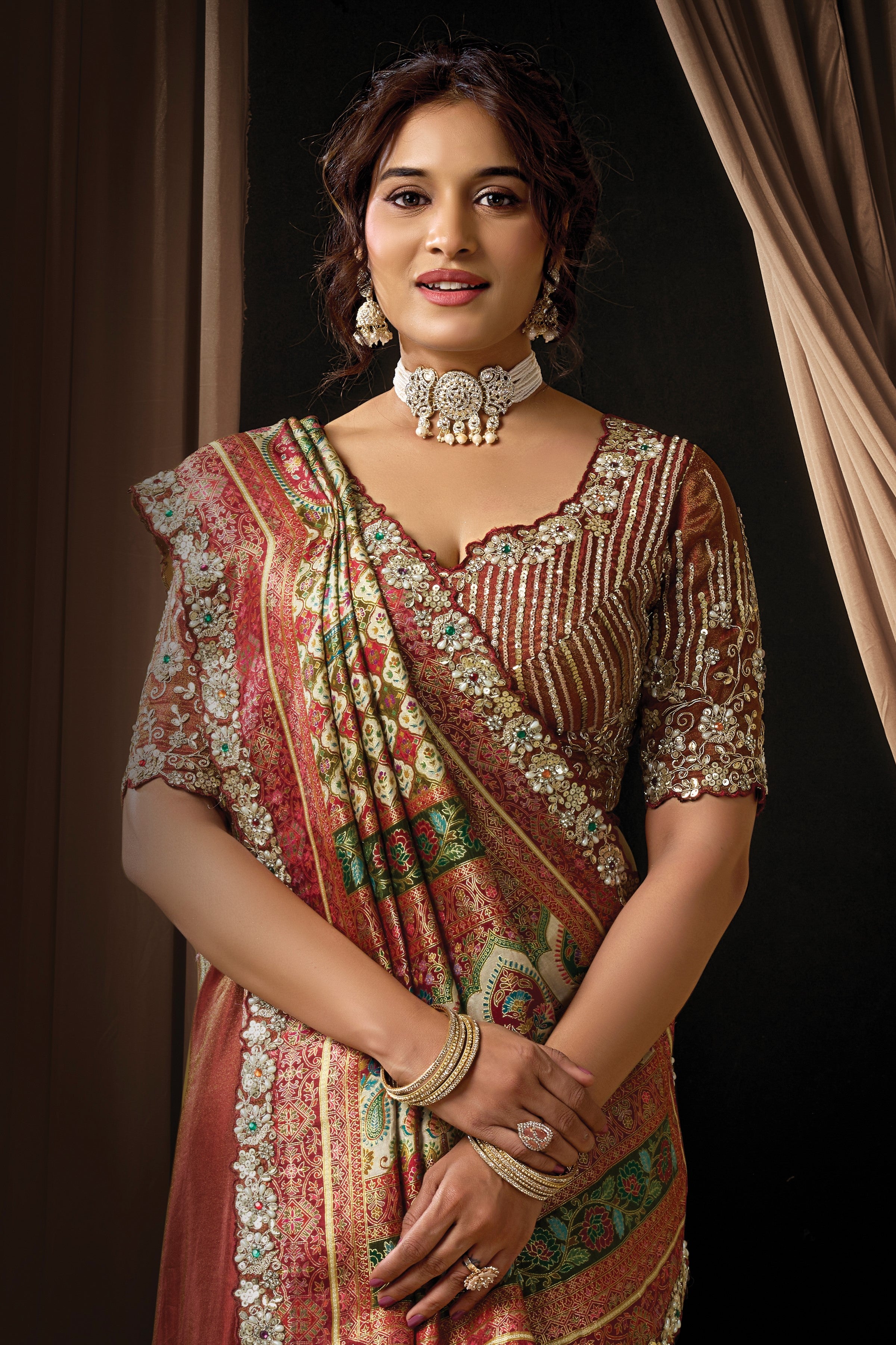 Green Maroon Satin Saree For Wedding Guest - Sequins, Pearl & Jacquard Work
