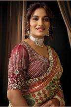 Green Maroon Satin Saree For Wedding Guest - Sequins, Pearl & Jacquard Work