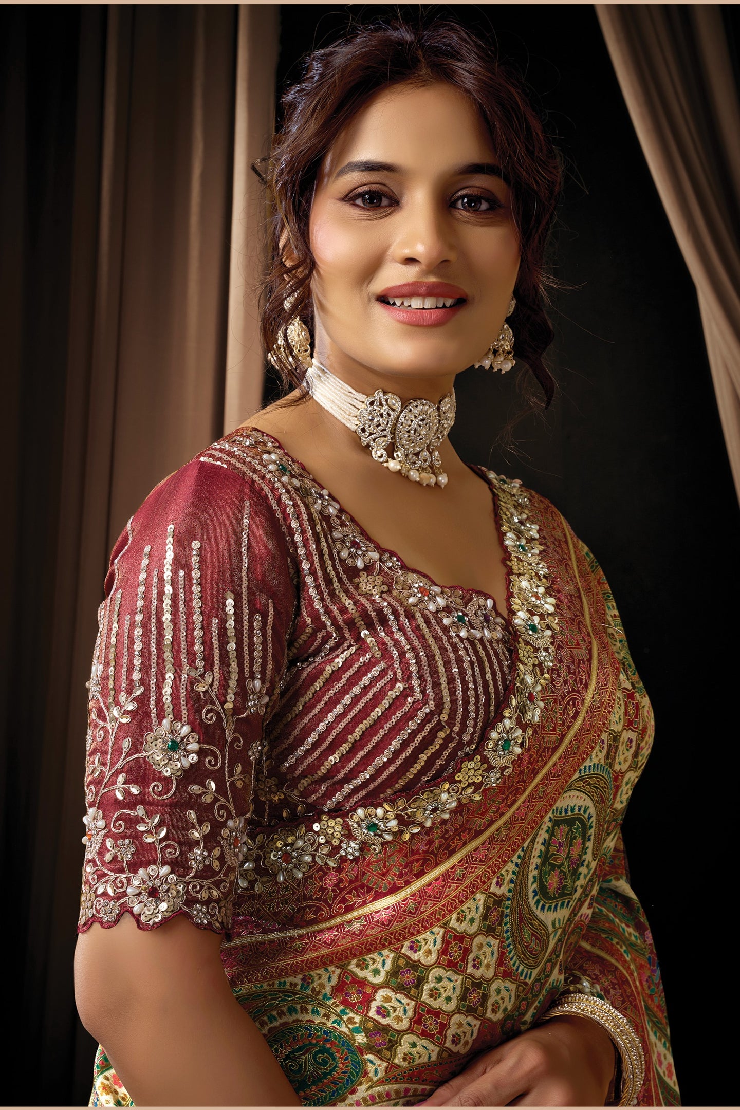 Green Maroon Satin Saree For Wedding Guest - Sequins, Pearl & Jacquard Work