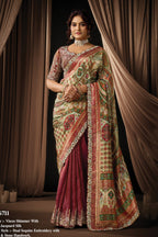 Green Maroon Satin Saree For Wedding Guest - Sequins, Pearl & Jacquard Work
