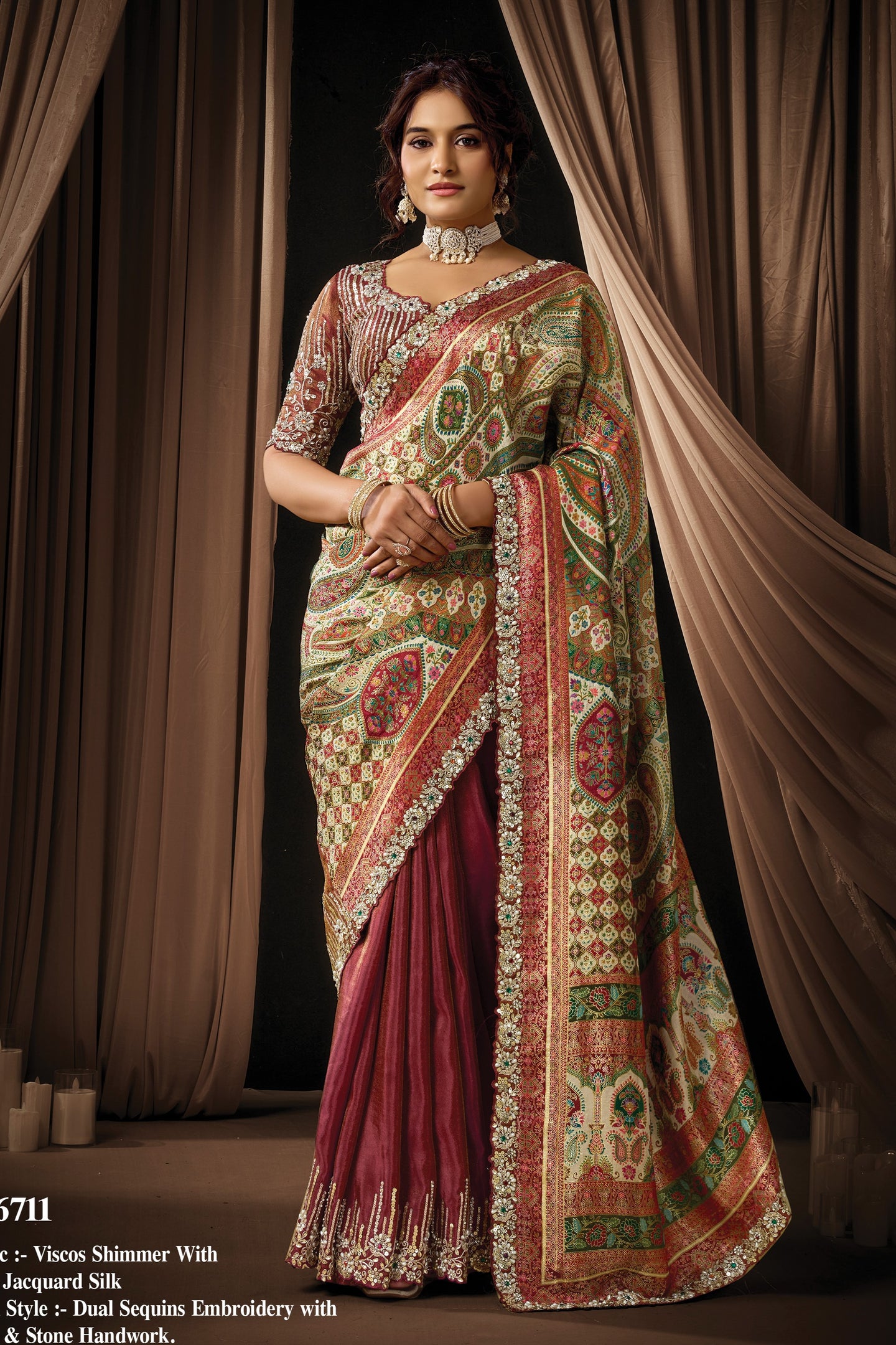 Green Maroon Satin Saree For Wedding Guest - Sequins, Pearl & Jacquard Work