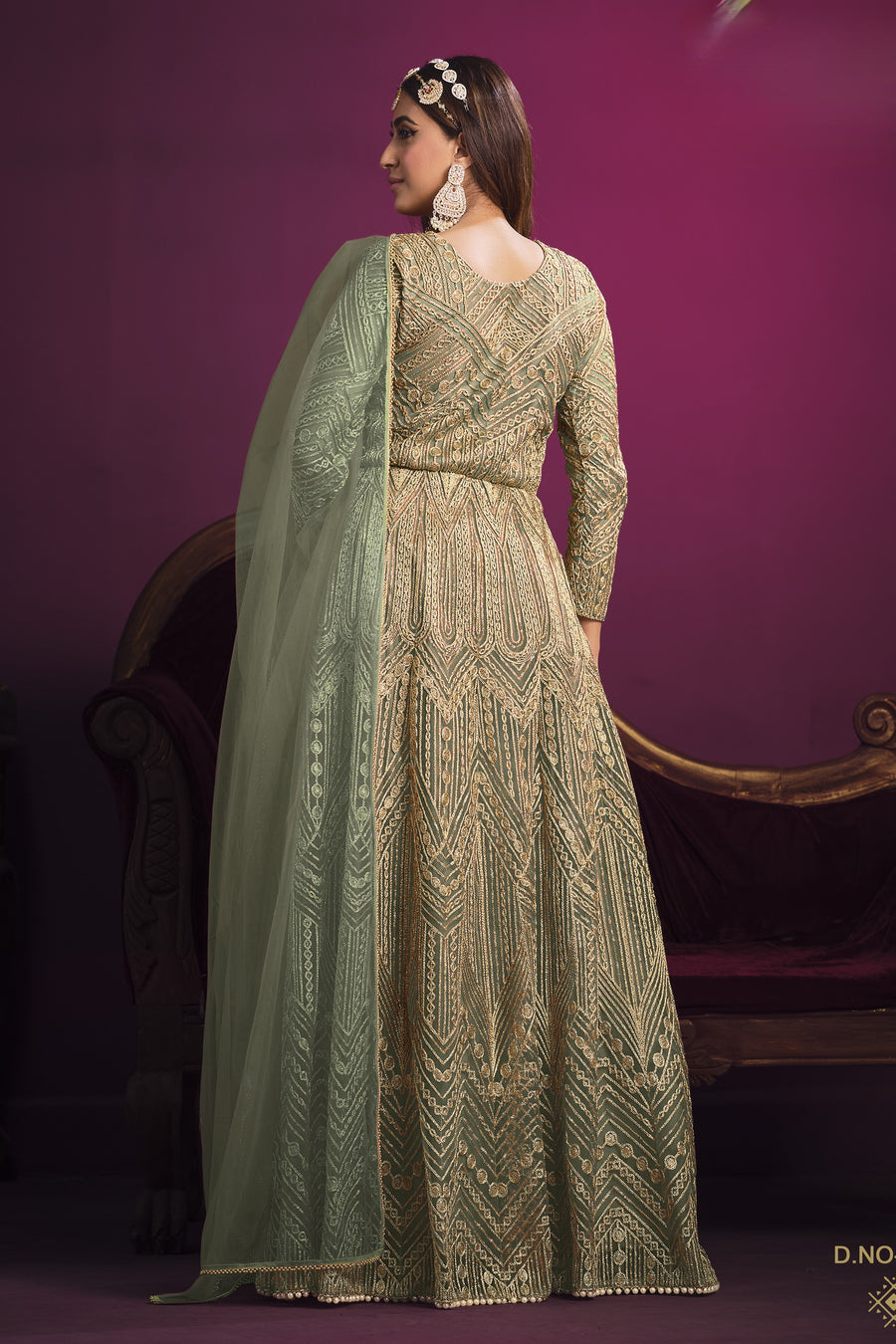 Green Net Anarkali Indian Dresses for Women with Thread Work