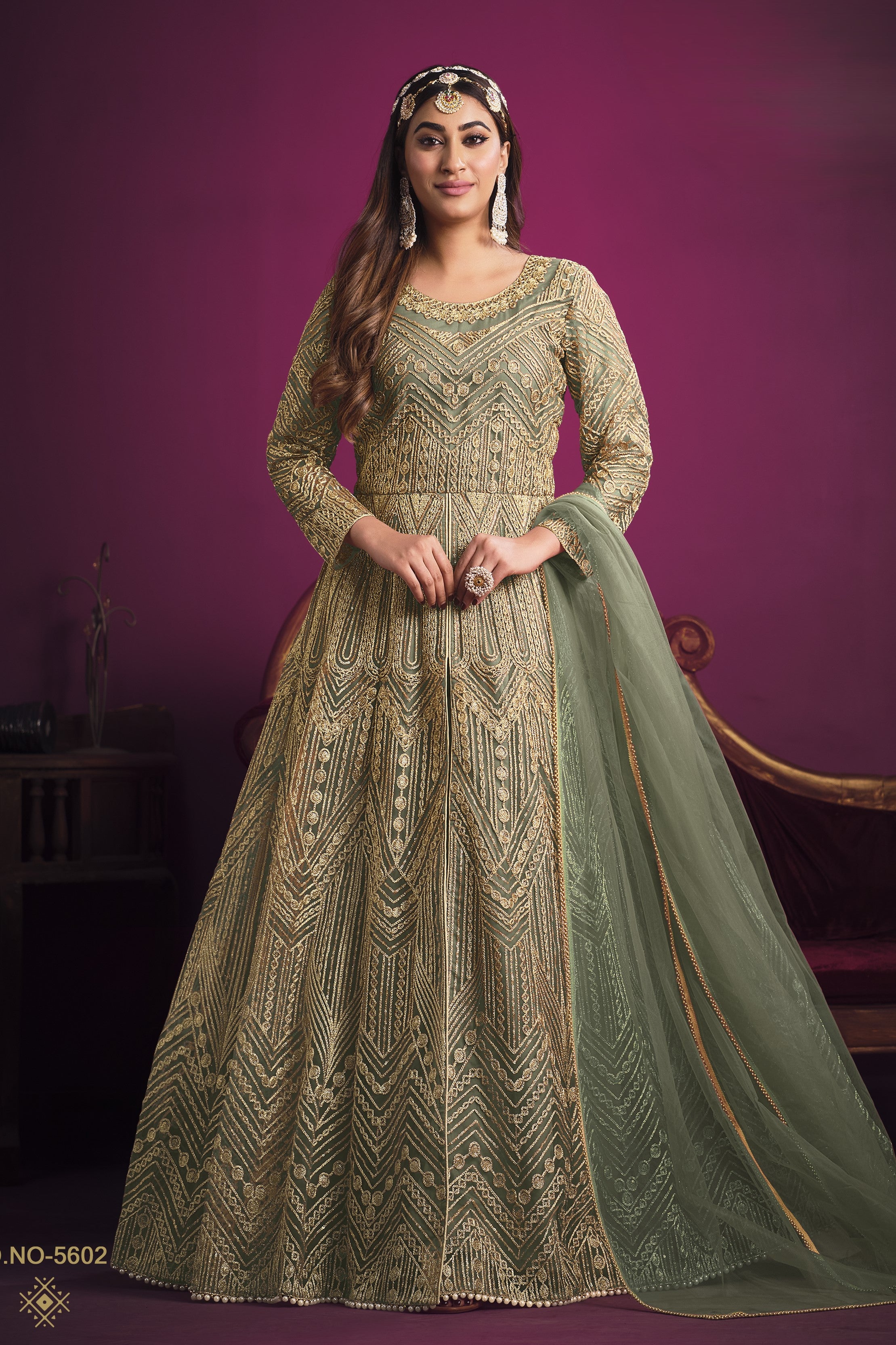 Green Net Anarkali Indian Dresses for Women with Thread Work 32