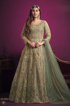 Green Net Anarkali Indian Dresses for Women with Thread Work