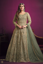 Green Net Anarkali Indian Dresses for Women with Thread Work