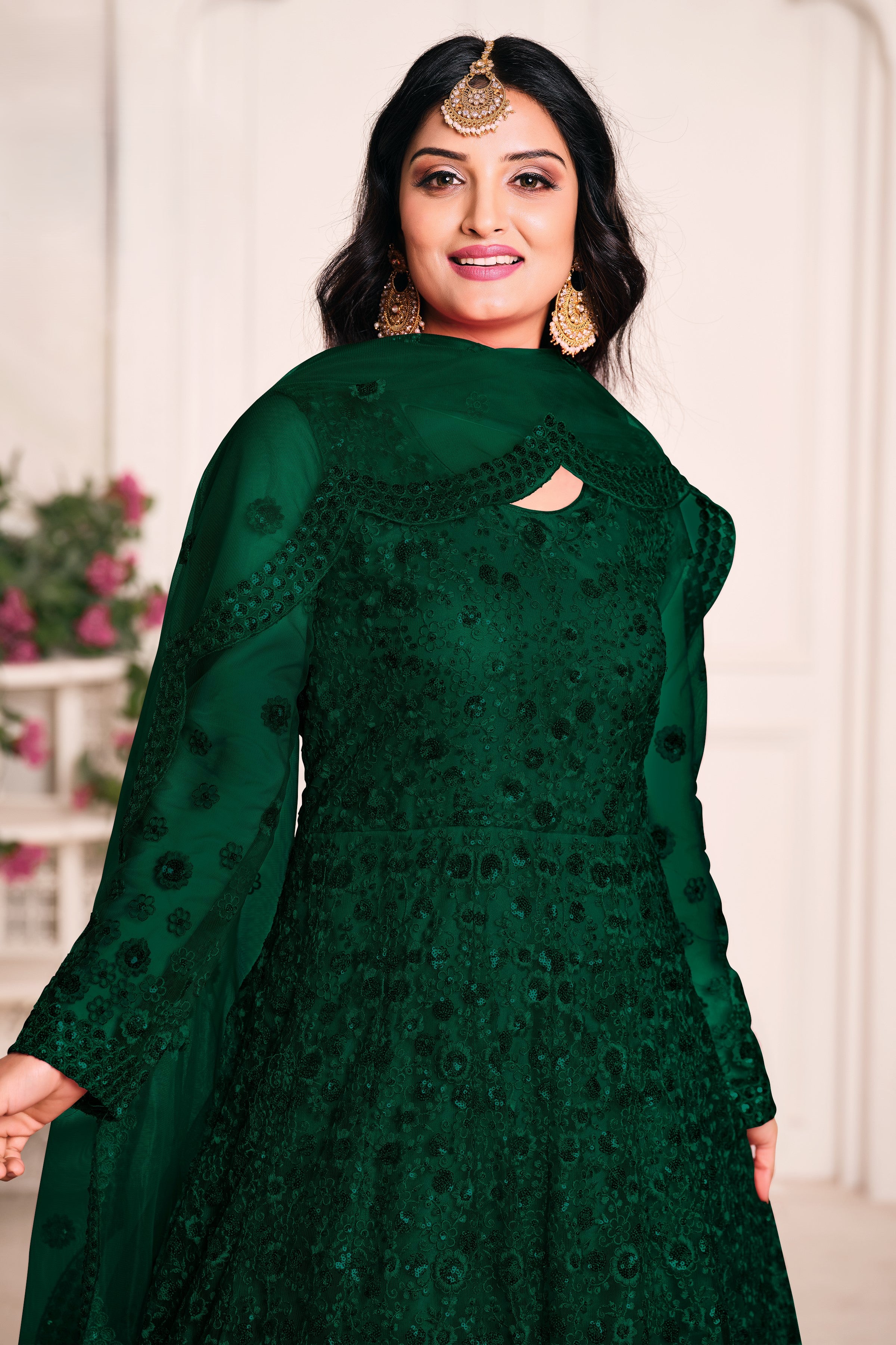 Green Net Anarkali Outfits for Mehndi with Sequins and Thread Embroidery