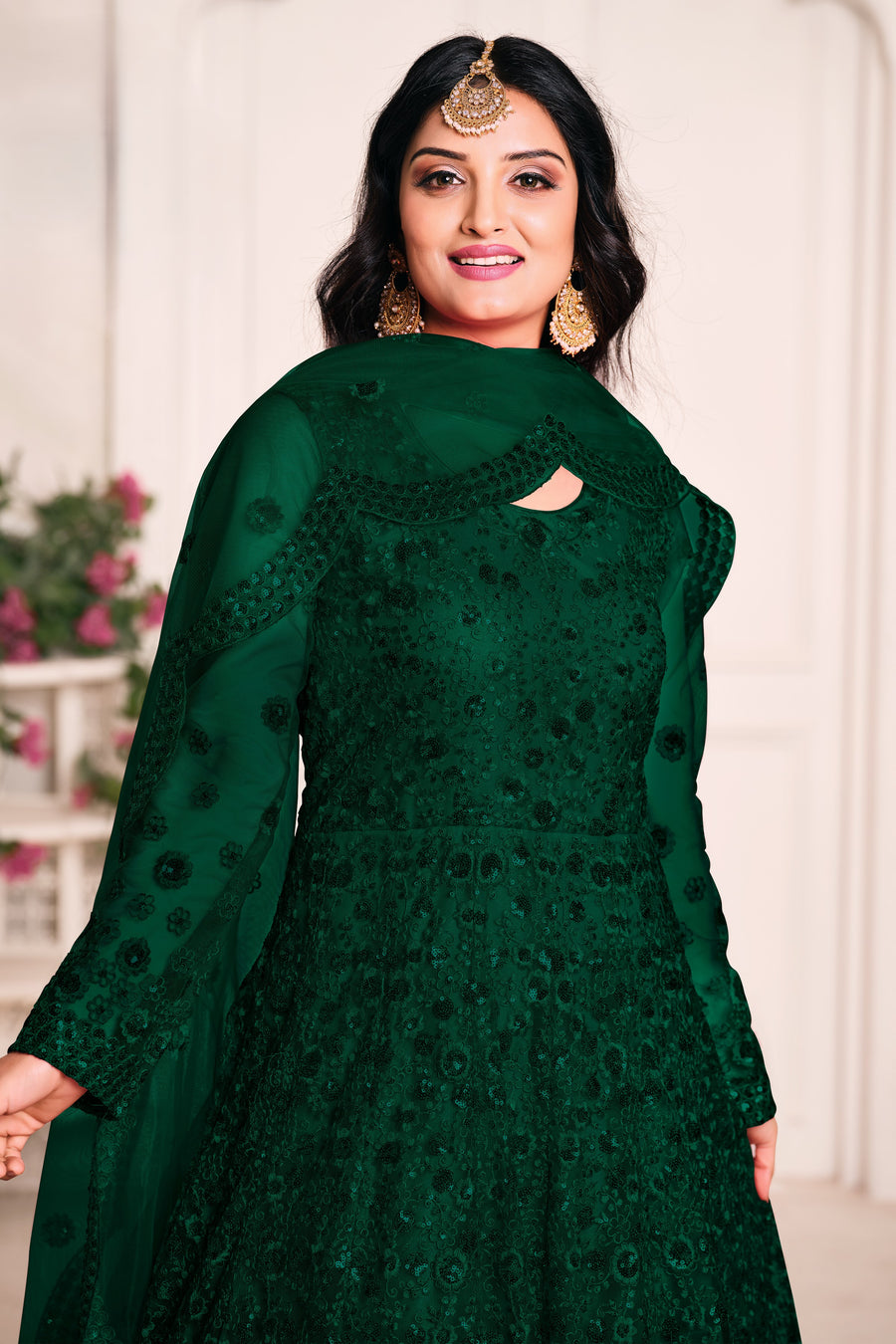 Green Net Anarkali Outfits for Mehndi with Sequins and Thread Embroidery