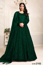 Green Net Anarkali Outfits for Mehndi with Sequins and Thread Embroidery