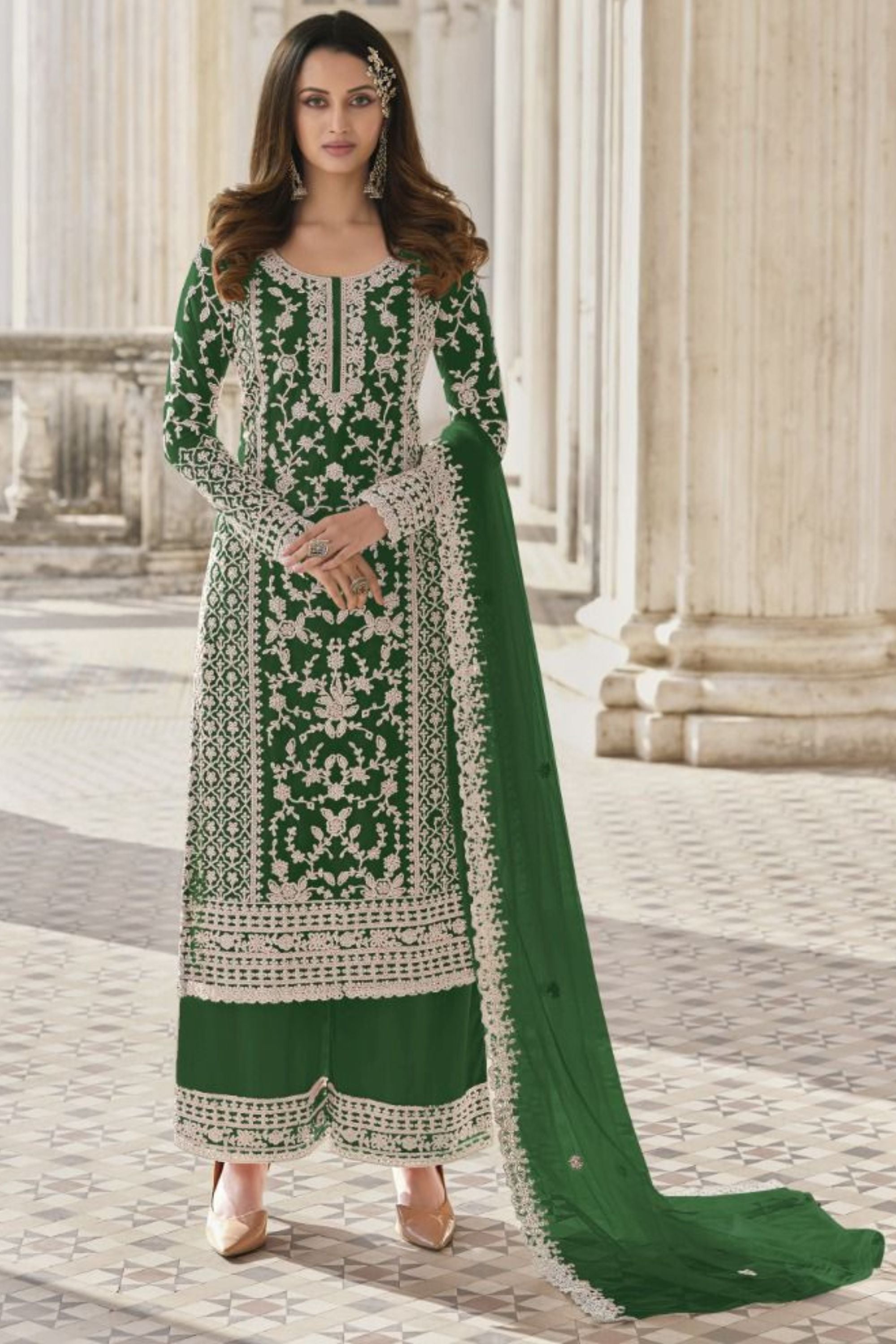 Green Net & Cording Work Salwar Kameez Plazzo Suit For Indian Wedding & Festival - Embroidery Work, Cording Work