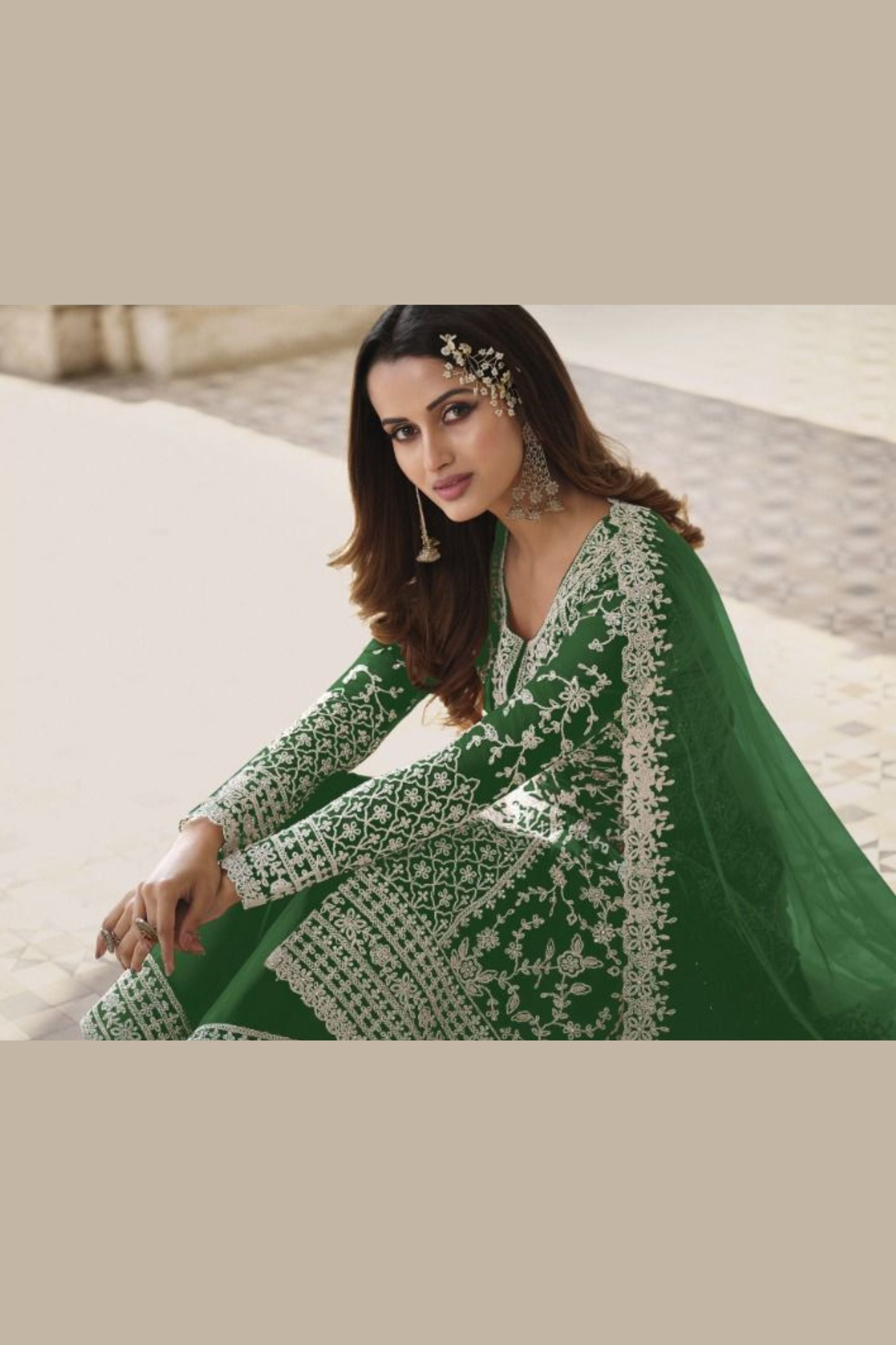 Green Net & Cording Work Salwar Kameez Plazzo Suit For Indian Wedding & Festival - Embroidery Work, Cording Work