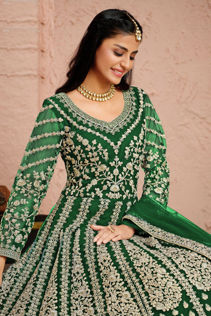 Green Net Full Floor Length Anarkali Dress For Indian Festivals & Weddings - Embroidery Work