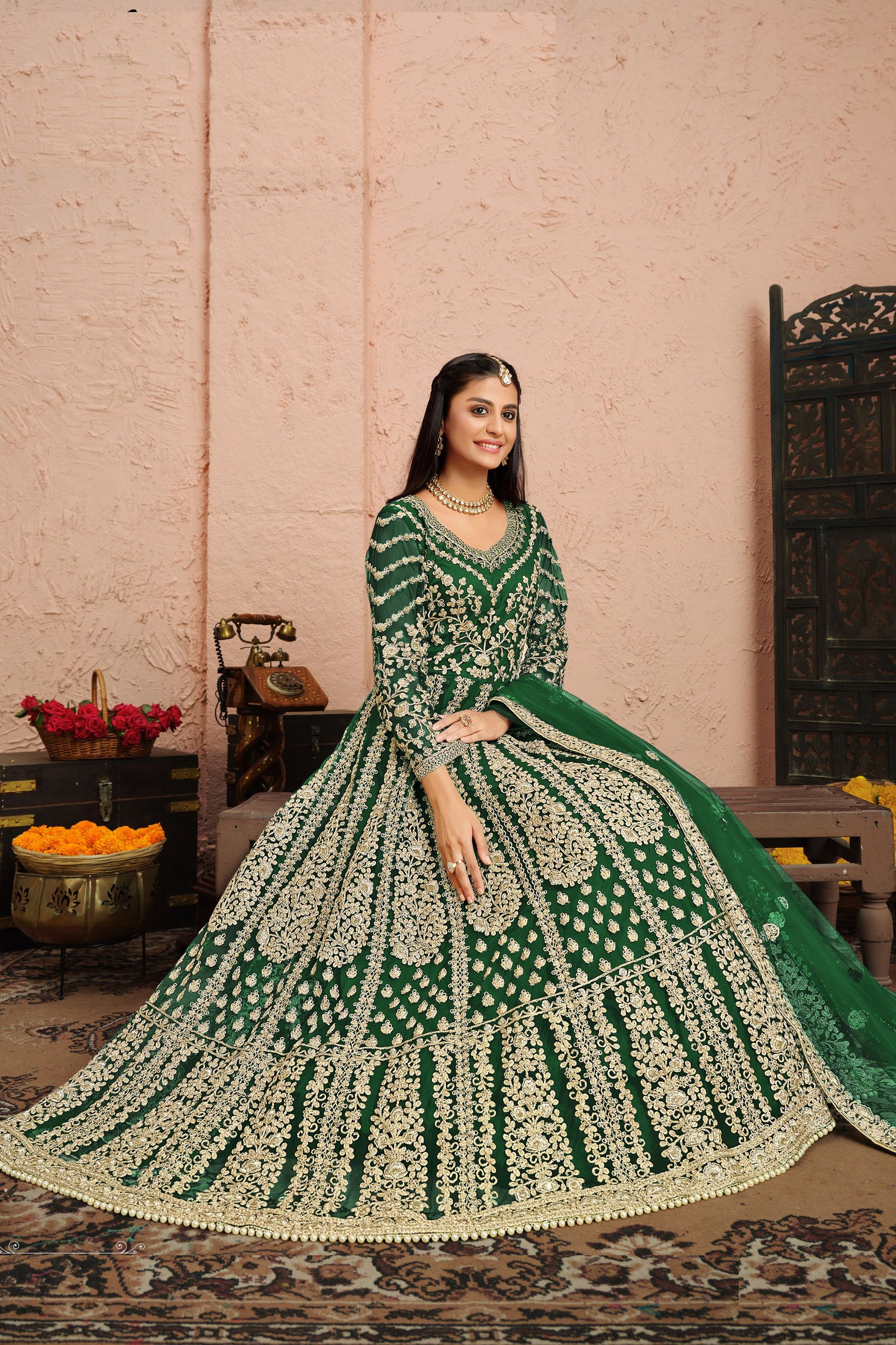 Green Net Full Floor Length Anarkali Dress For Indian Festivals & Weddings - Embroidery Work