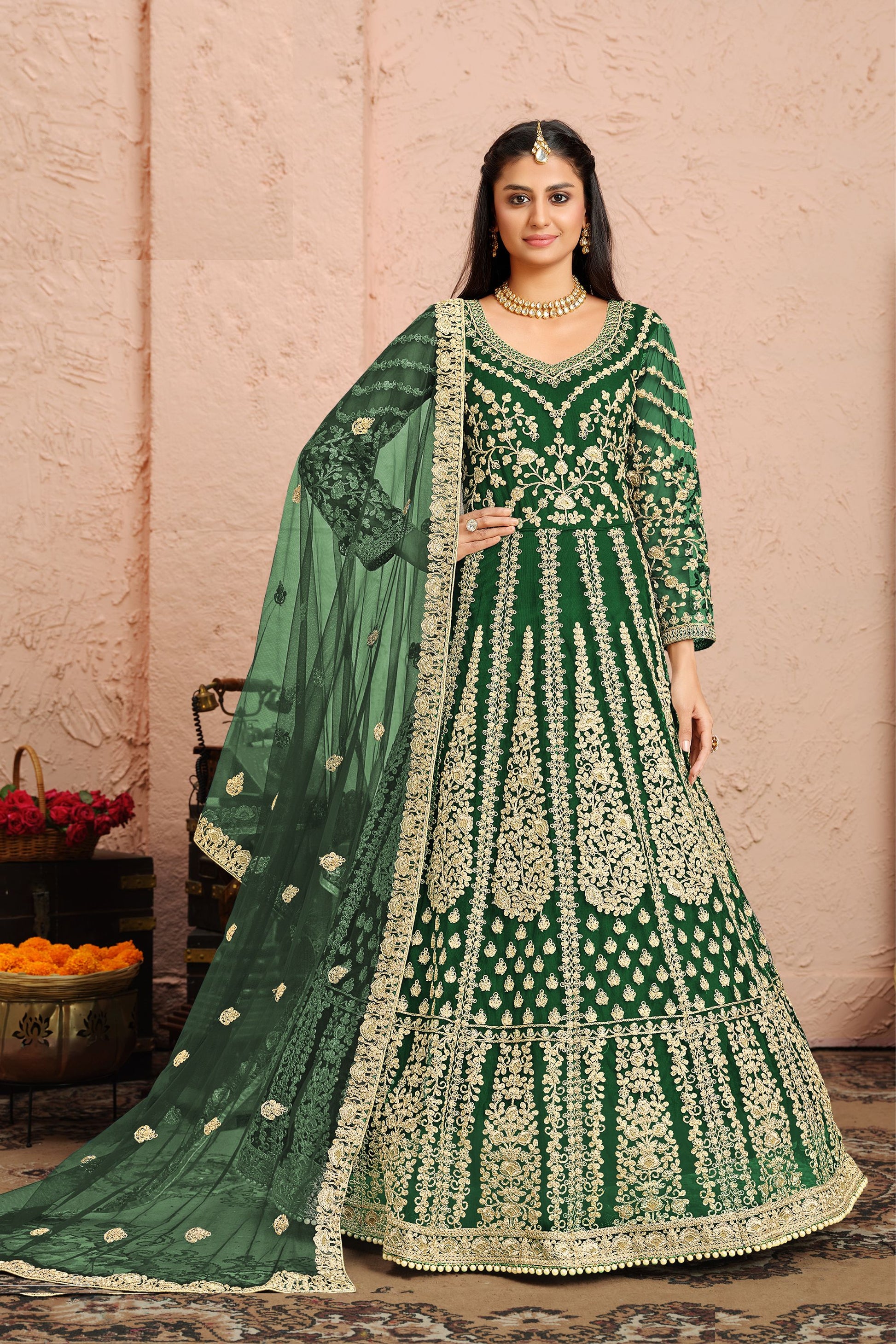 Green Net Full Floor Length Anarkali Dress For Indian Festivals & Weddings - Embroidery Work