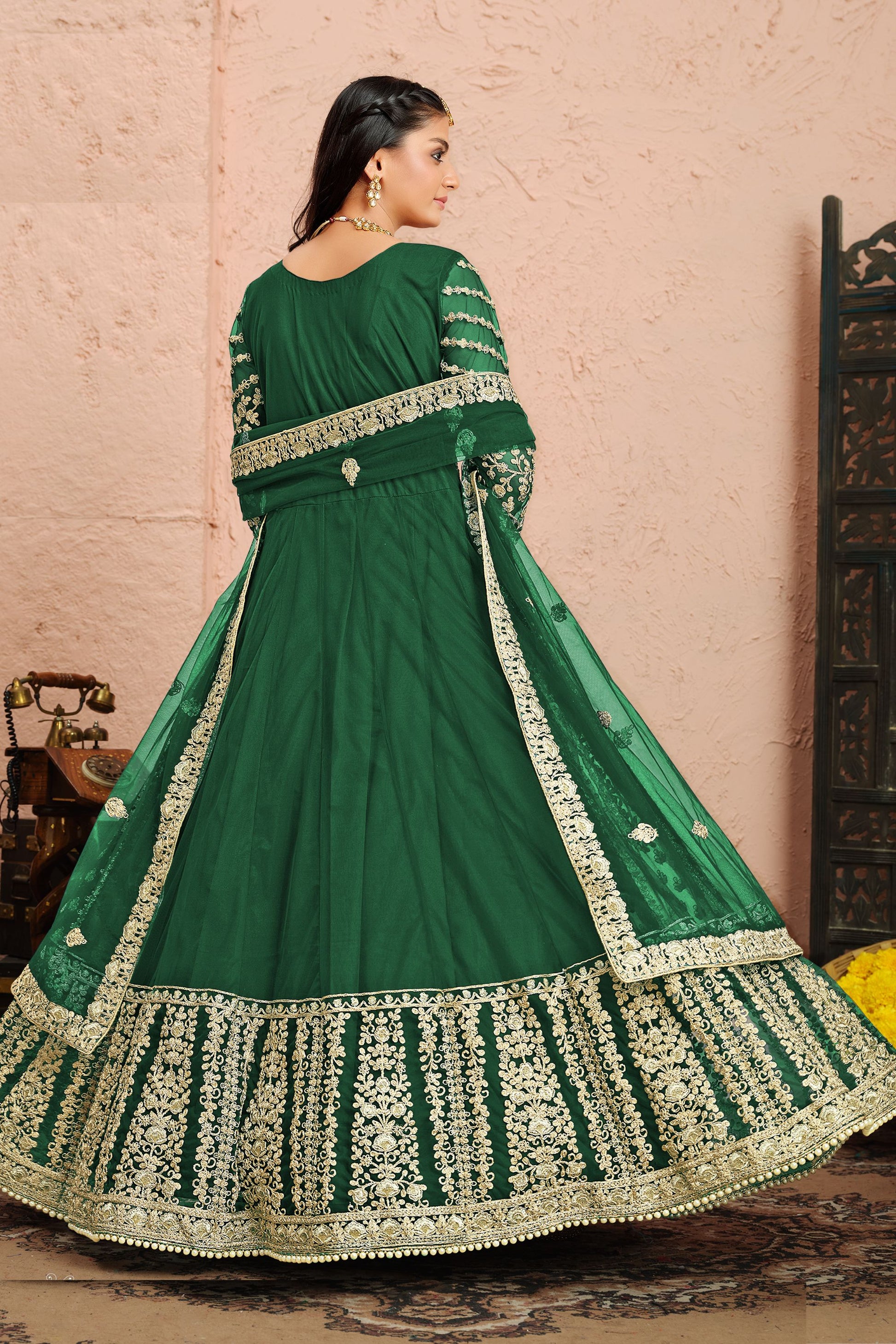 Green Net Full Floor Length Anarkali Dress For Indian Festivals & Weddings - Embroidery Work