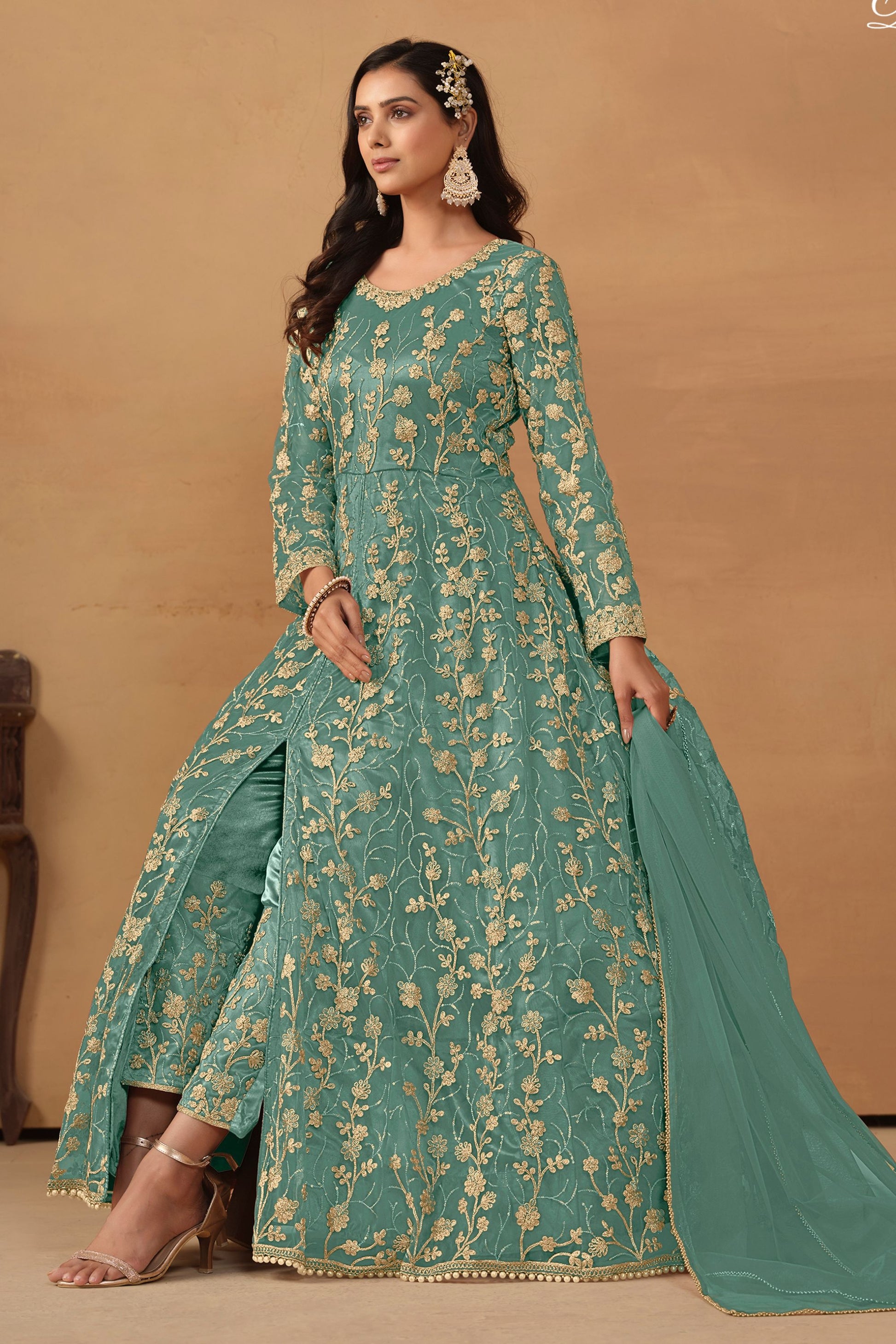 Green Net Full Length Anarkali Dress with Front Slit For Indian Festivals & Weddings - Thread & Sequence Embroidery Work